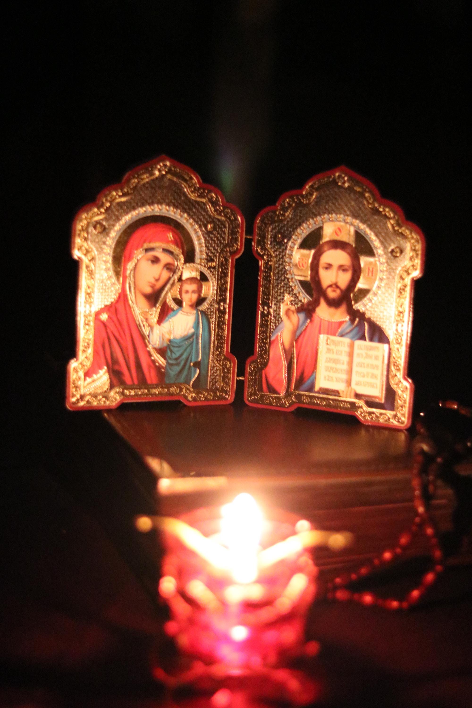 Wooden Orthodox Folding Icon 5.1in, Virgin Mary And Jesus Christ, Large Travel Diptych