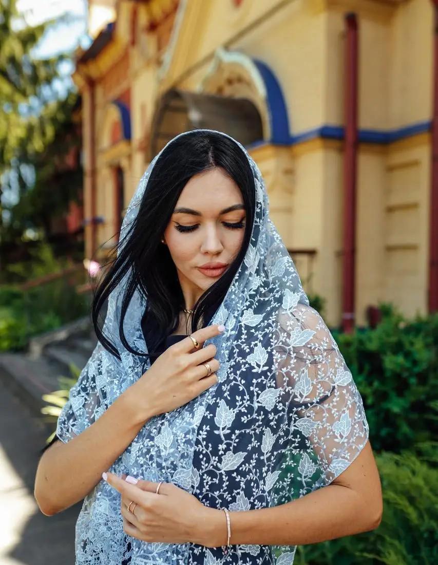 Blue Chiffon Women Scarf 61x20 Inch, Floral Lightweight Shawl, Elegant Summer Scarf