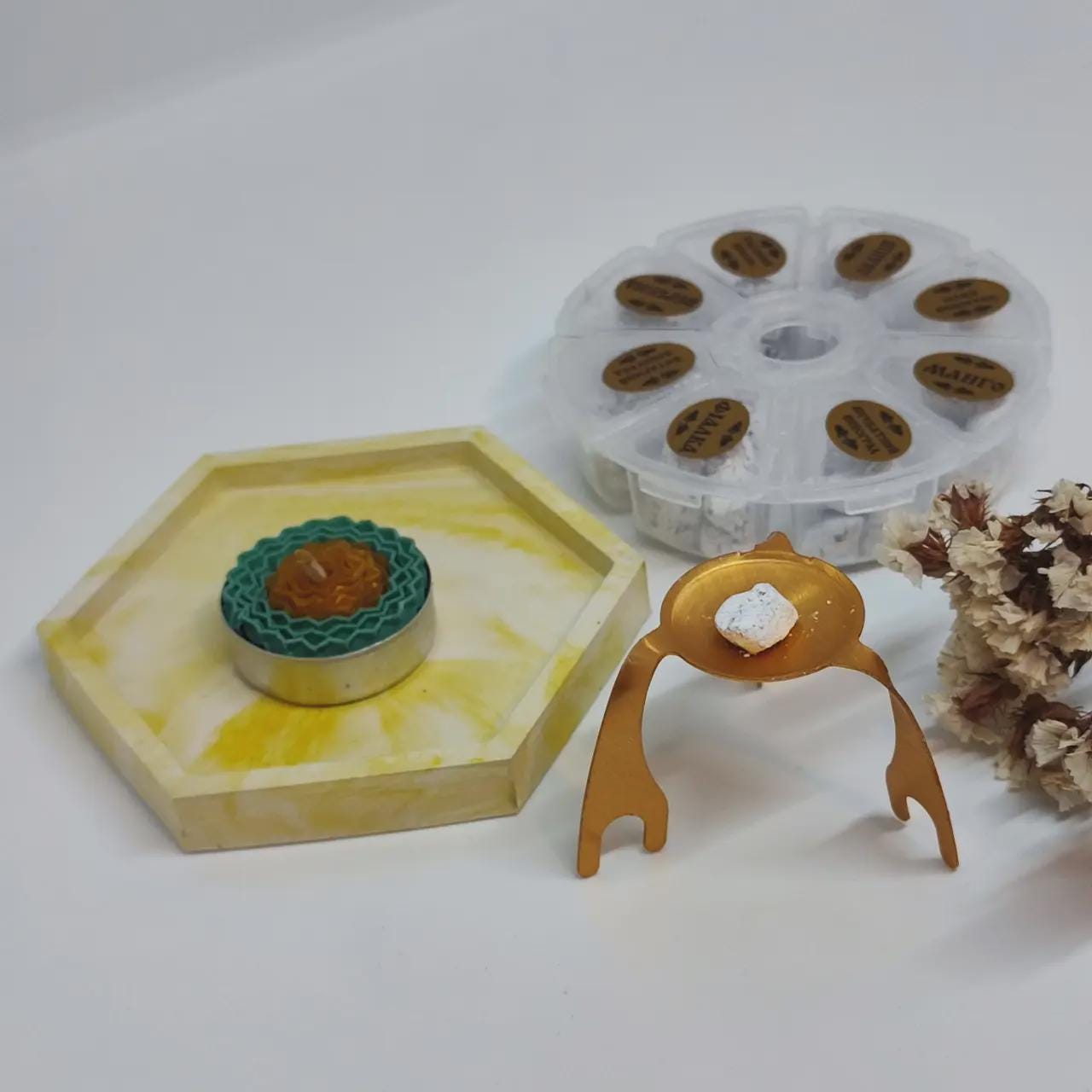 Orthodox Daily Prayer Set – 8 Types of Athonite Incense, Decorative Plaster Tray 4", Wax Candle, and Metal Spider Stand