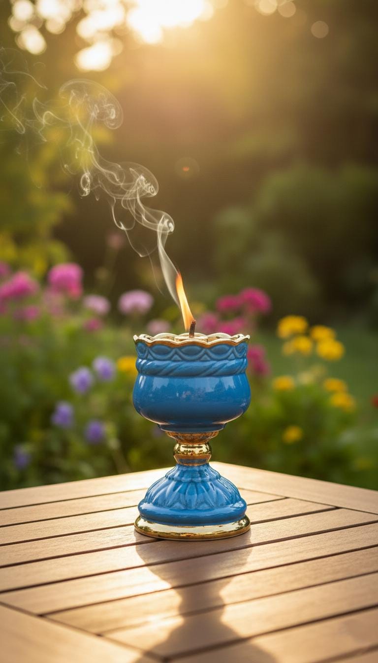 Ceramic Table Oil Lamp 5.5in Blue. Set includes: Lamp body, glass insert, float, 10 wicks