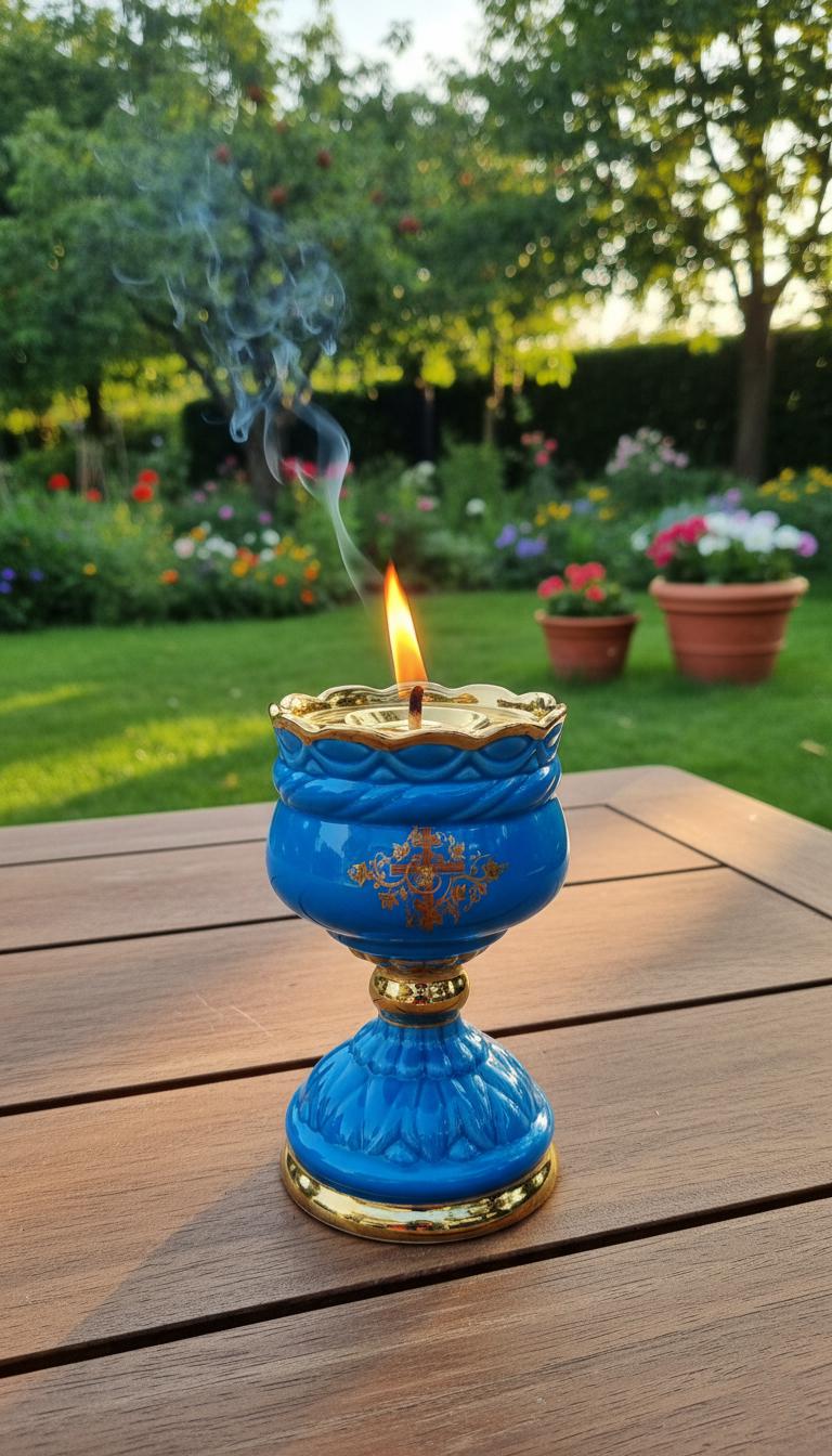 Ceramic Table Oil Lamp 5.5in Blue. Set includes: Lamp body, glass insert, float, 10 wicks
