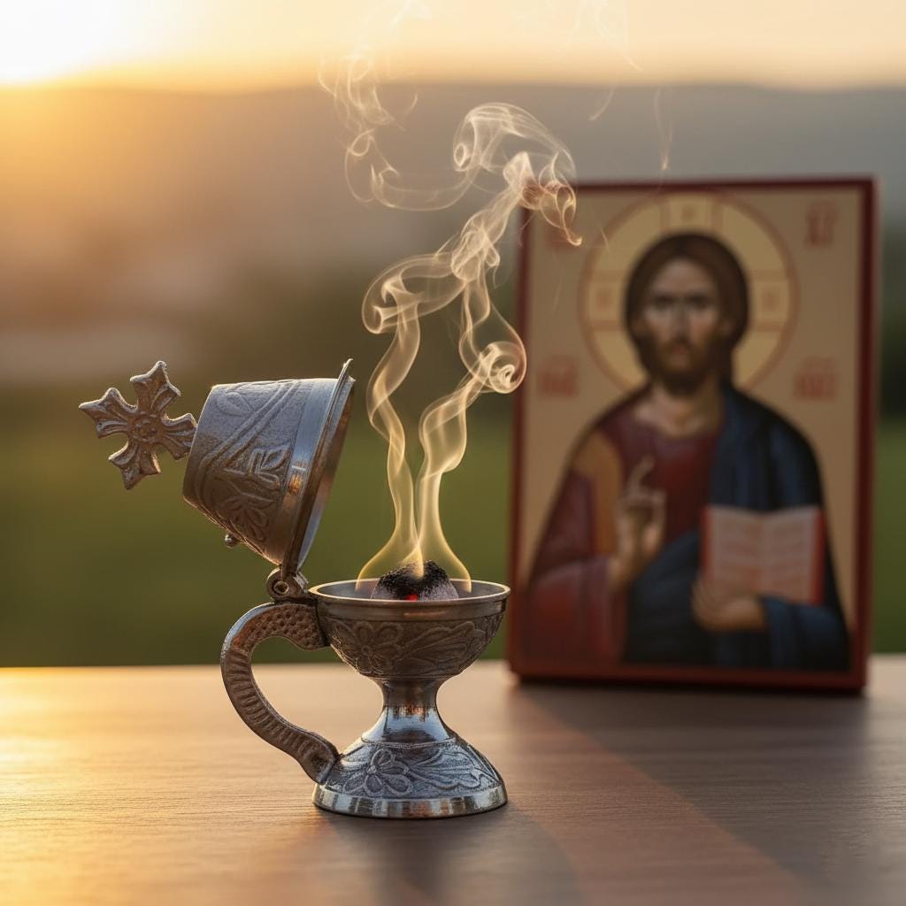 Orthodox Prayer Set: 5.5 in × 3.1 inch gold metal censer, 50 grams of incense, 6 charcoal tablets.
