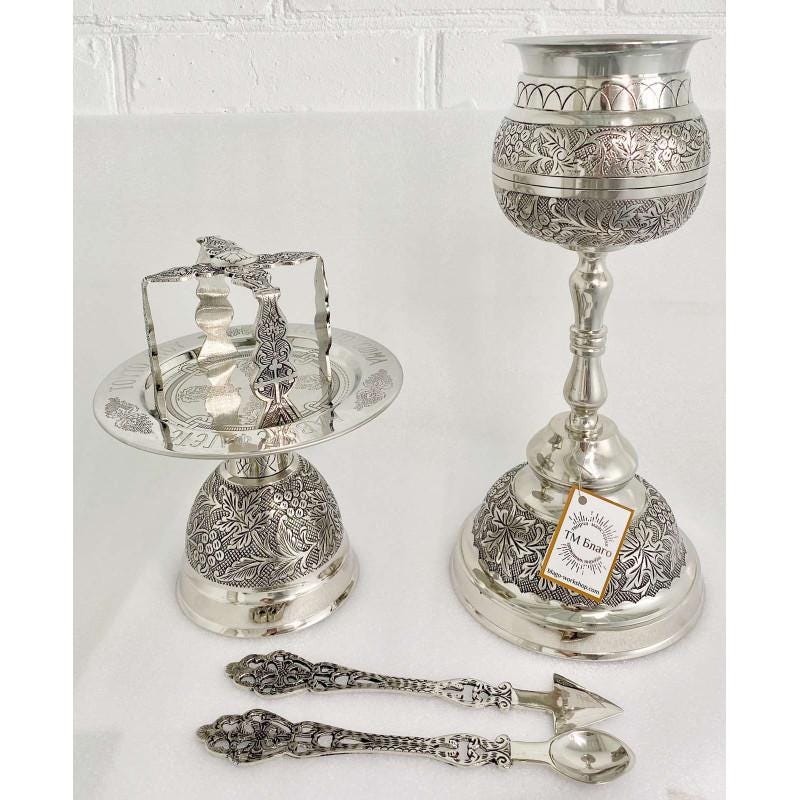 Nickel Eucharist Set 500ml Chalice Diskos Set, Orthodox Communion Set, Spoon Spear Set, Church Altar Set, Liturgical Vessels Gift