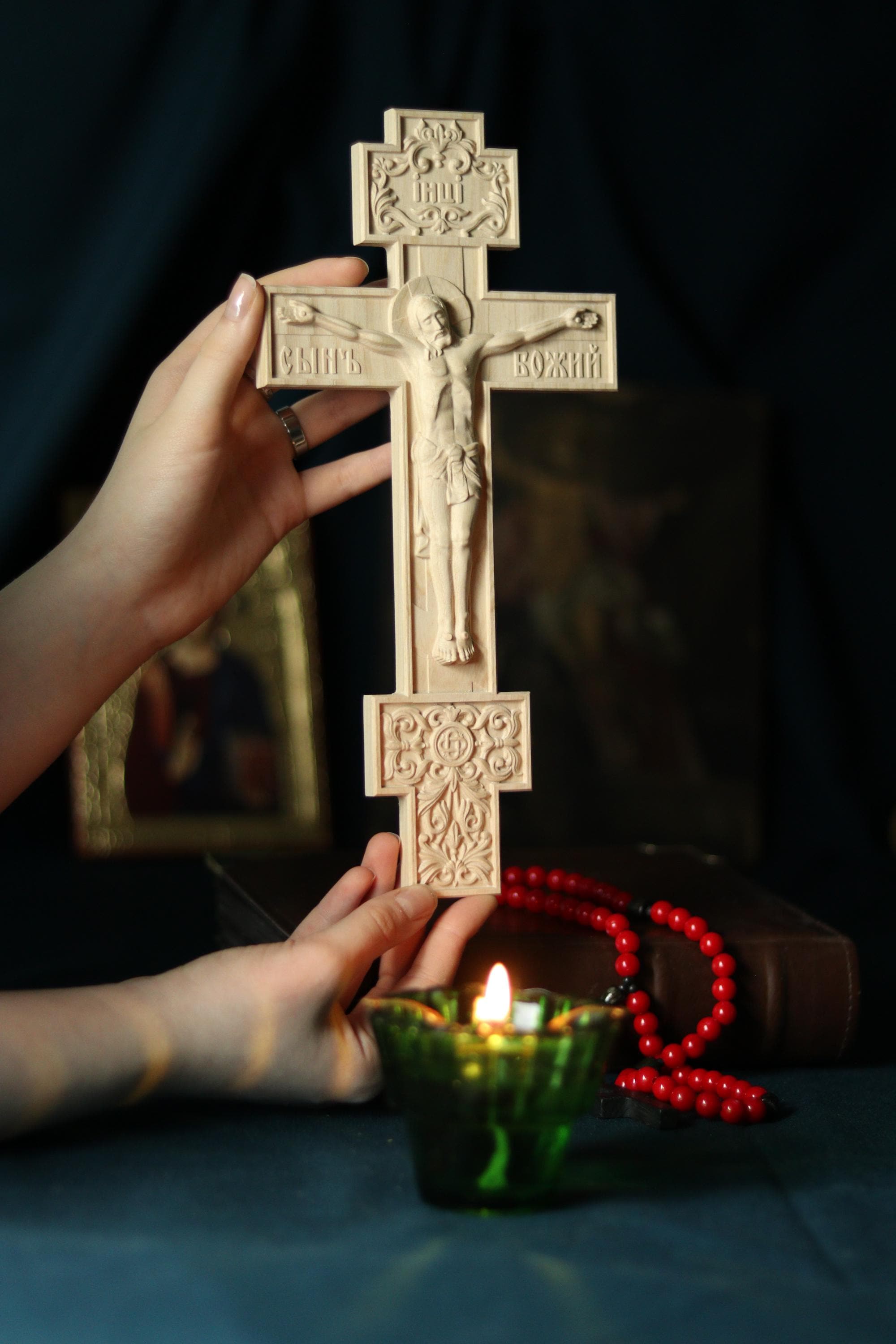 11.8in Beech Wood Church Cross, Wooden Crucifix Jesus Christ, Orthodox Cross, Christian Wall Cross, Prayer Corner Decor