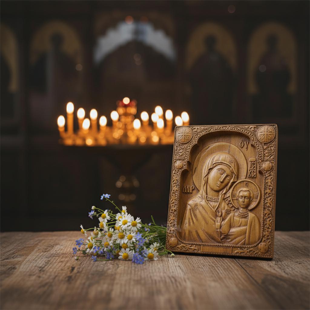 Handmade Wooden Icon 7.1x5.5 in, Beech Orthodox Icon Virgin Mary and Jesus, Christian Wall Decor, Religious Gift, Hanging Icon
