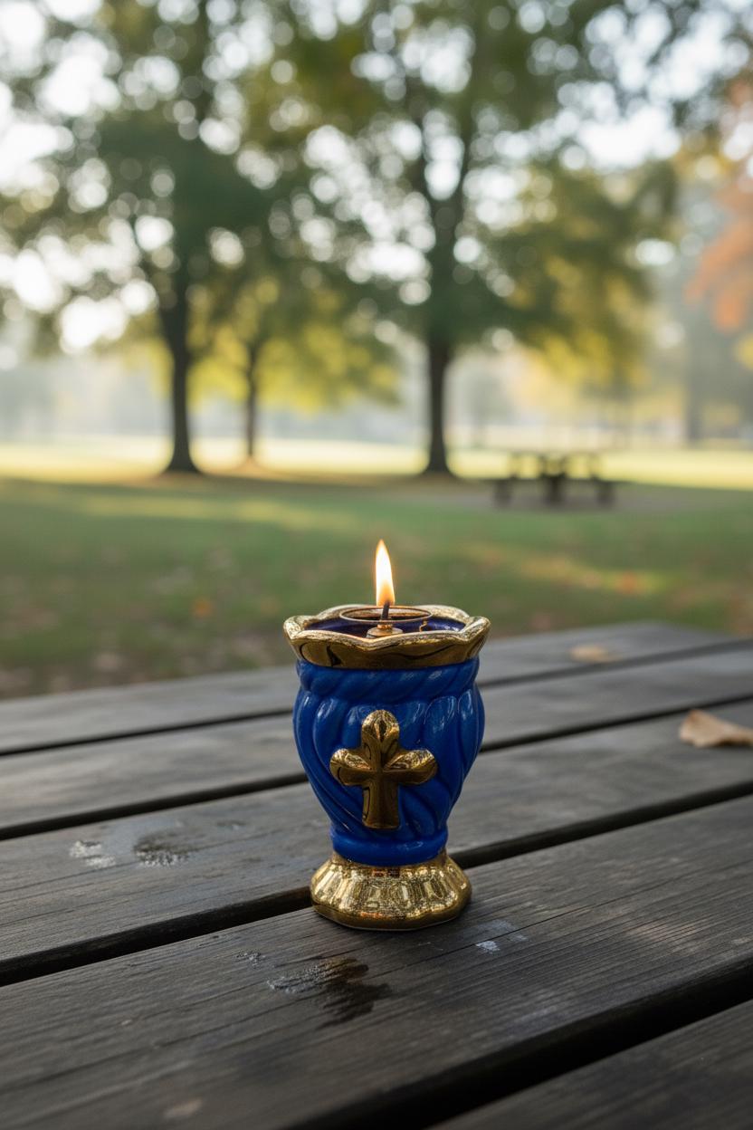 Blue & Gold Ceramic Table Oil Lamp 3.5in, Cross Design, Orthodox Prayer Lamp with Wick Holder + 10 Wicks