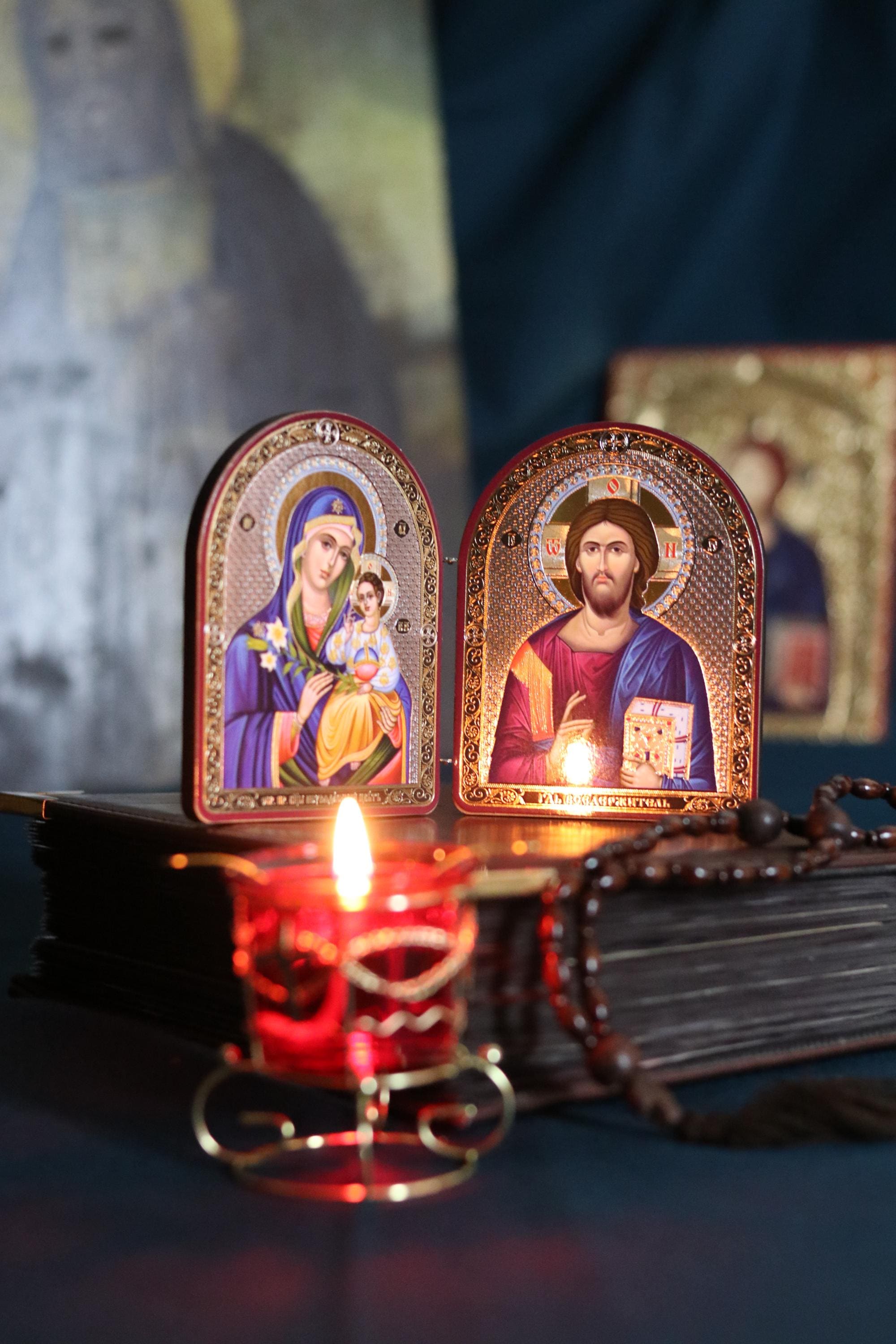 Wooden Folding Icon 4.3in, Orthodox Diptych, Virgin Mary Icon, Jesus Christ Icon, Christian Gift, Prayer Corner Decor