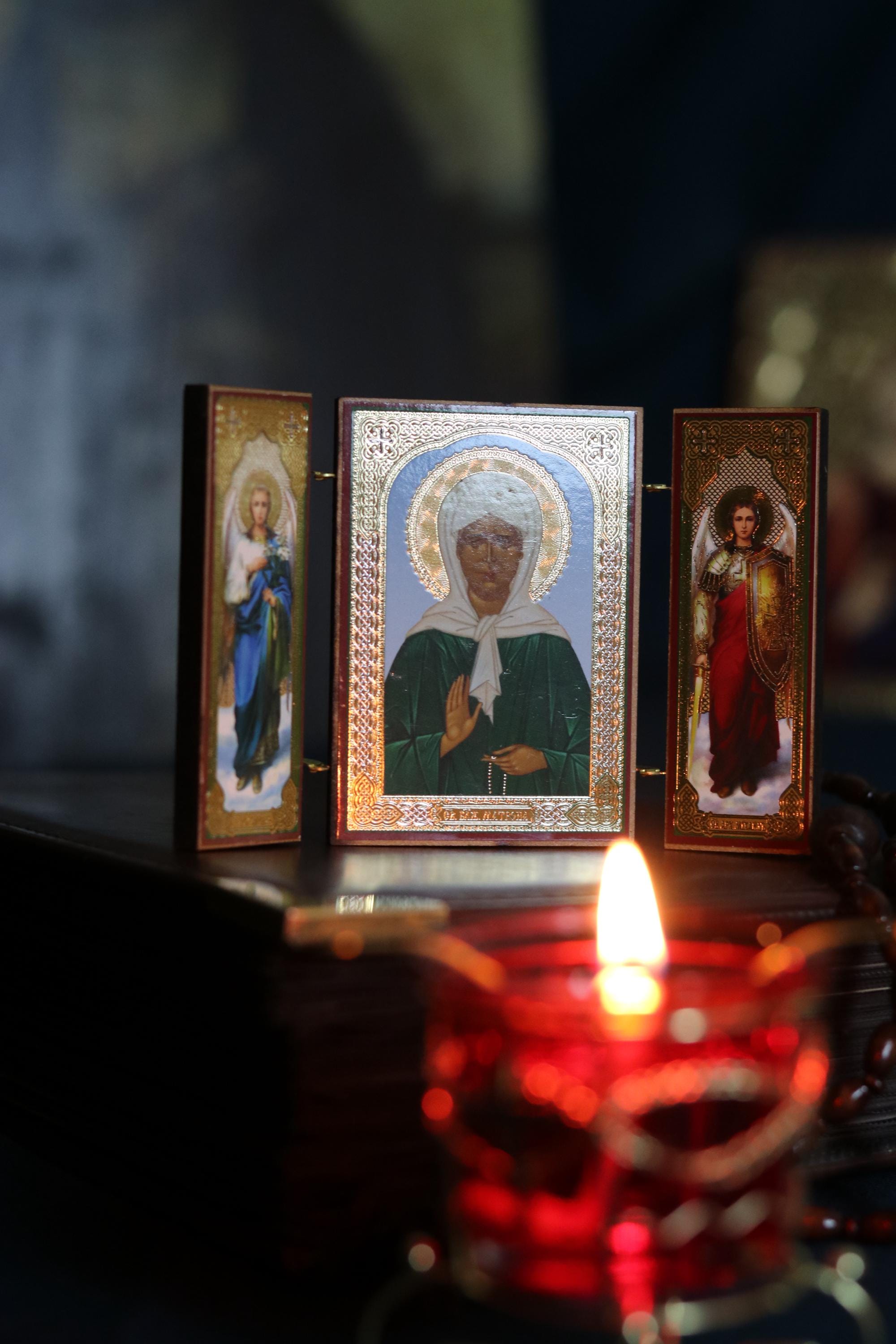 Saint Matrona Icon, Wooden Orthodox Triptych Icon 3.5in, Folding Travel Icon