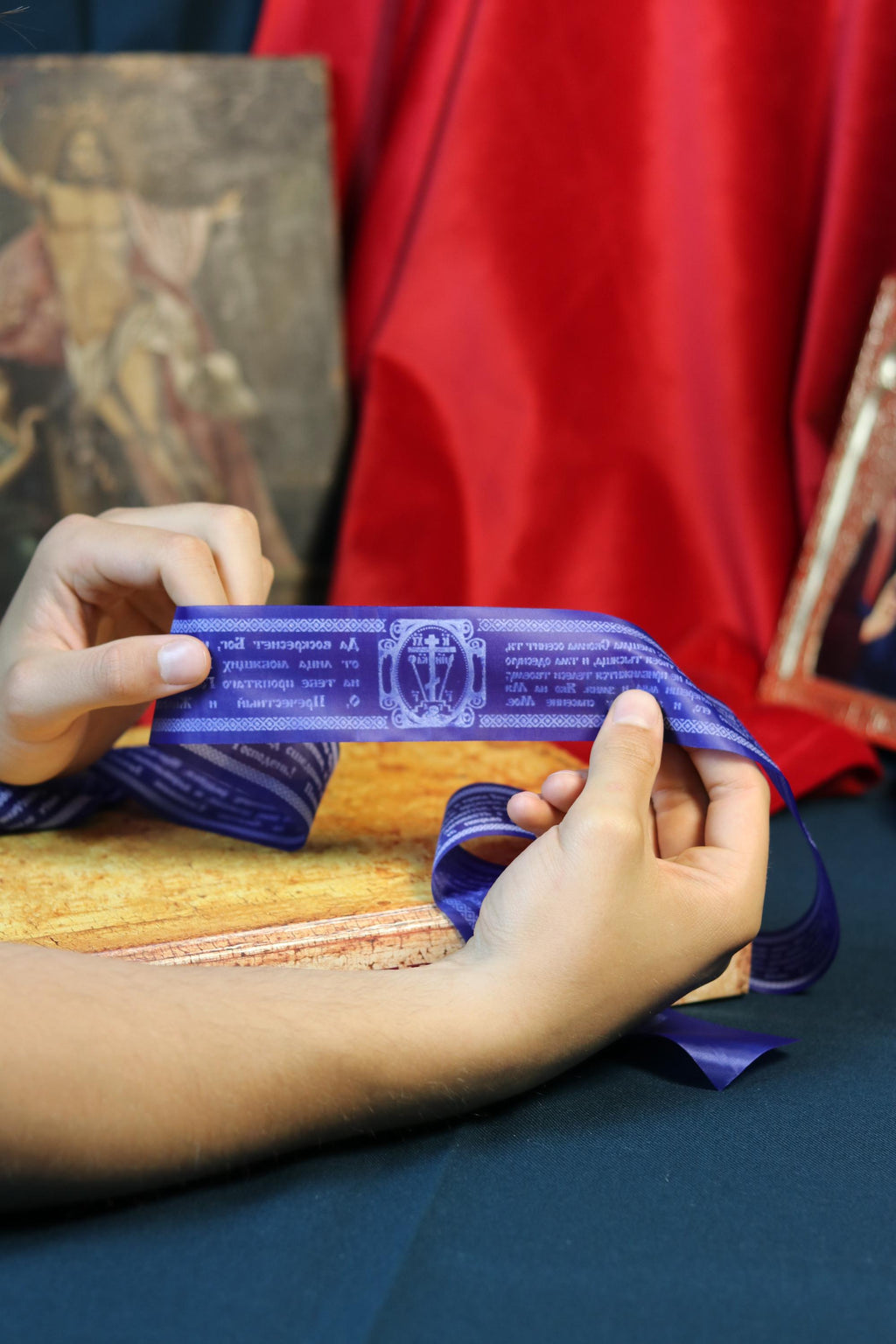 Orthodox Silk Prayer Belt 45” with Psalm 90 & Resurrection Prayer – Blessed Christian Slavic Text Protection Ribbon