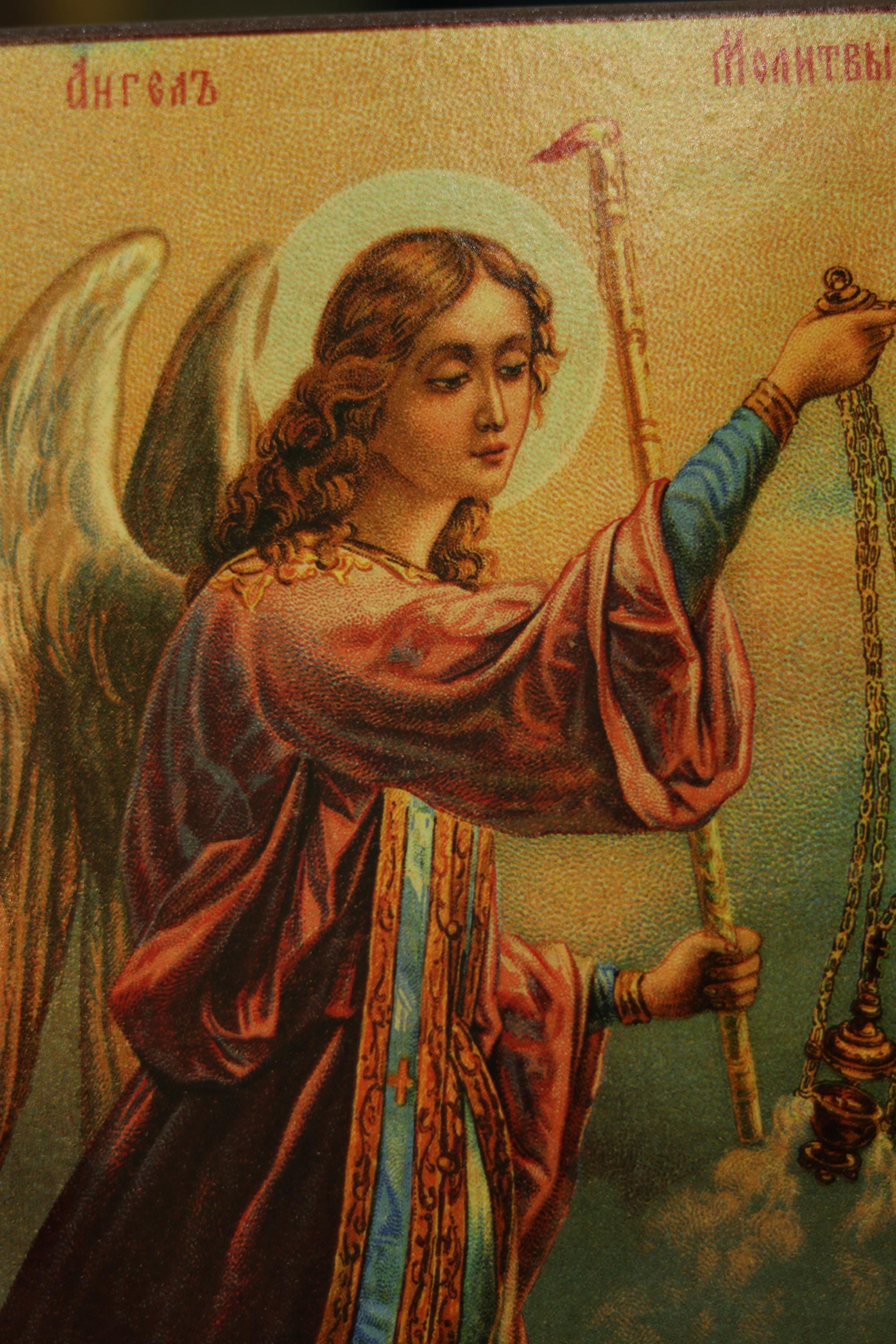 Guardian Angel Icon 6.3 in, Wooden Orthodox Angel of Prayer Christian Icon