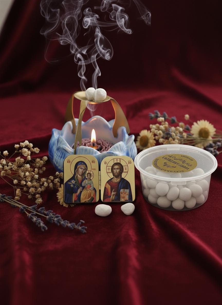 Christian Prayer Set, Blue Lotus Incense Burner with Candle, 50g Greek Incense, Folding icon 2x1.6in.