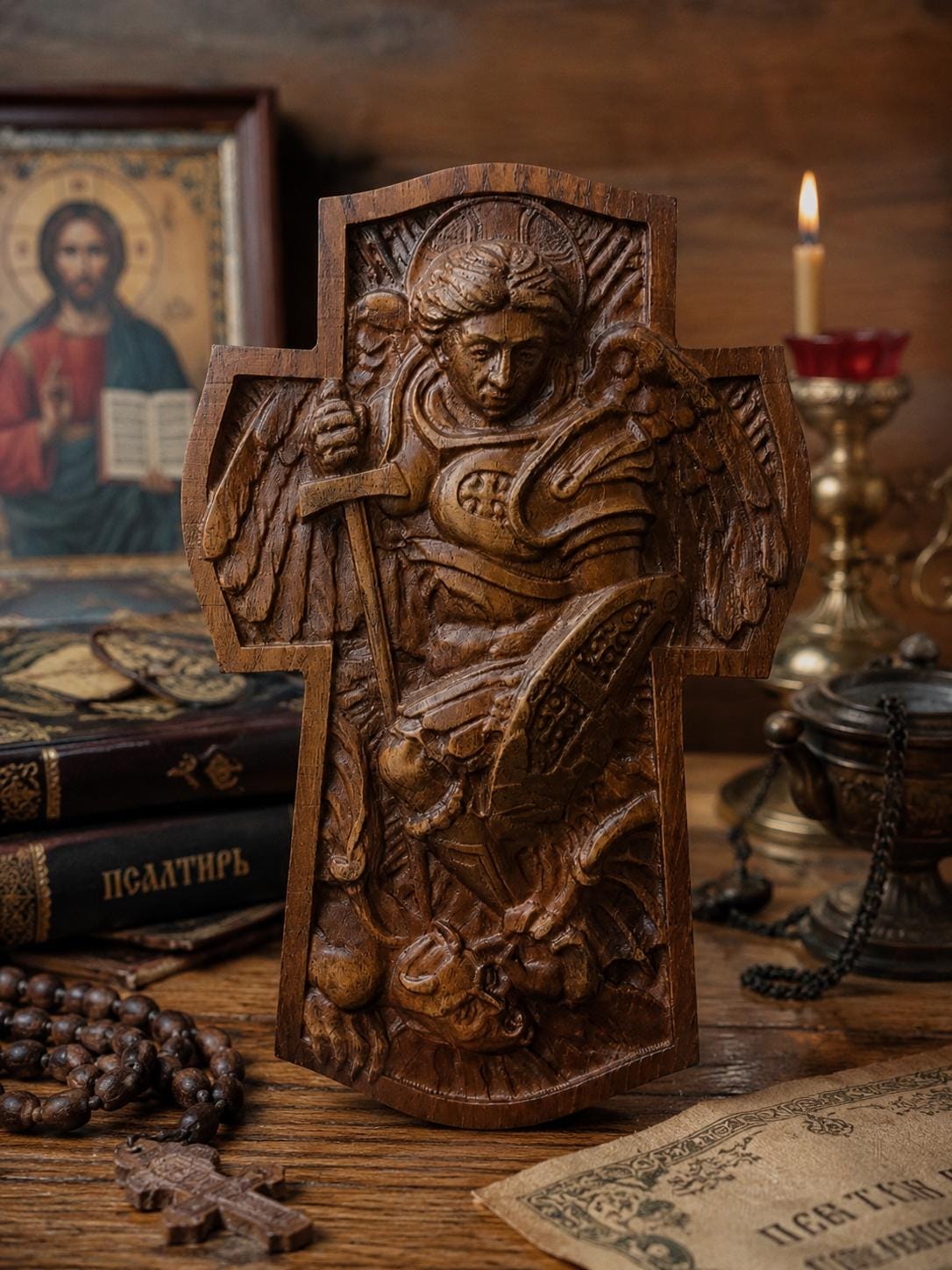 Wood Carved Archangel Michael Cross, Beech Wood Wall Cross, 7.9–19.7in