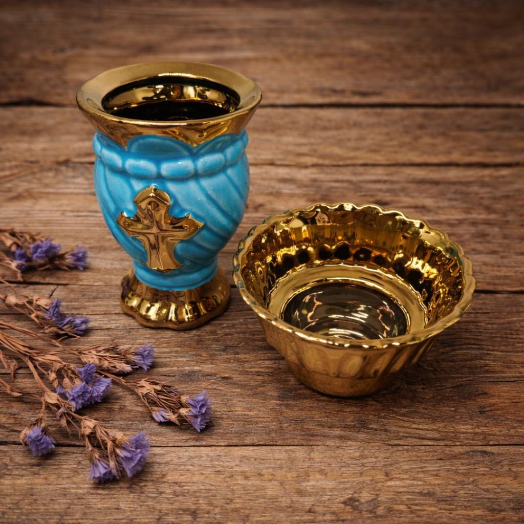 Orthodox Oil Lamp 5.1 inches, Ceramic Lampada with Cross, Christian Prayer Lamp