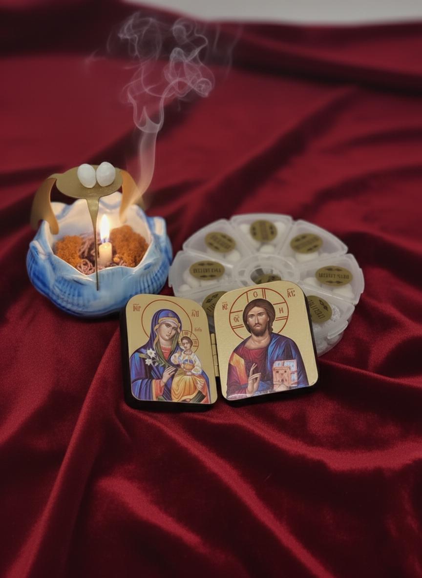 Home Incense Set – 8 Types of Athonite Incense, Candle Holder “Lotus”, Spider Stand & Folding Icon