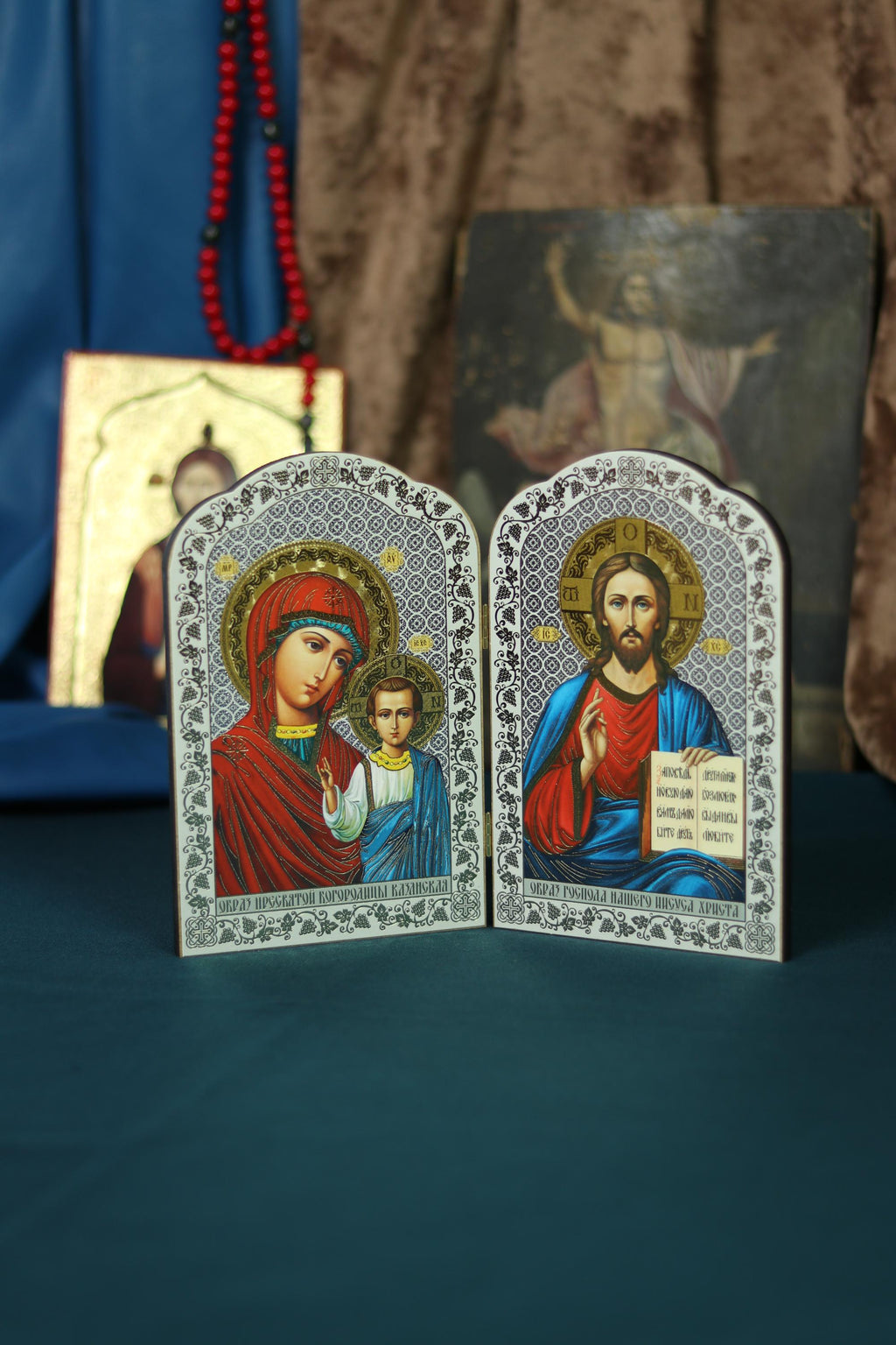 Wooden Orthodox triptych with the Mother of God and Jesus Christ, 5.1×7.9 in.