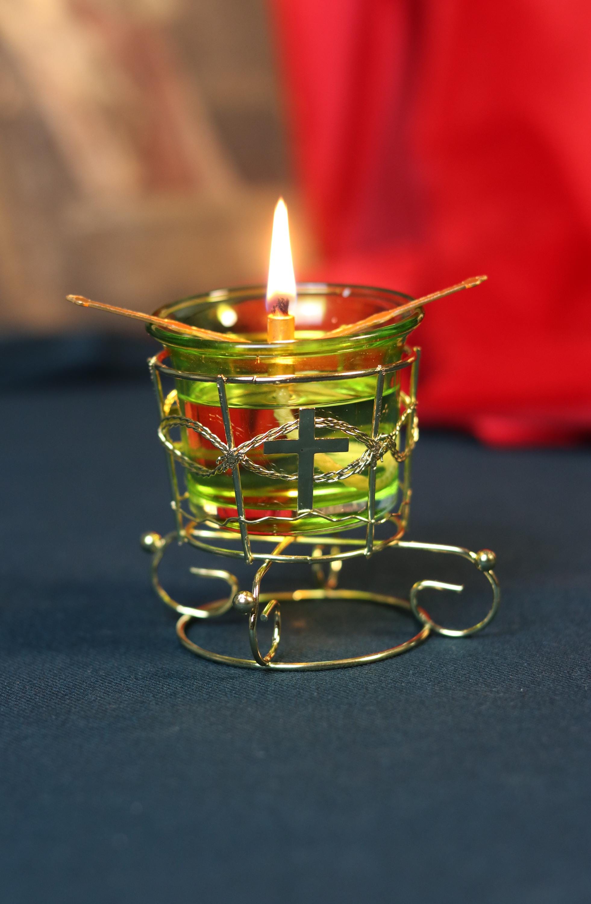 Green Glass Oil Lamp in Metal Stand 2in  – Orthodox Candle Holder for Prayer, Aromatherapy, Altar Decor, Christian Gift, Orthodox prayer