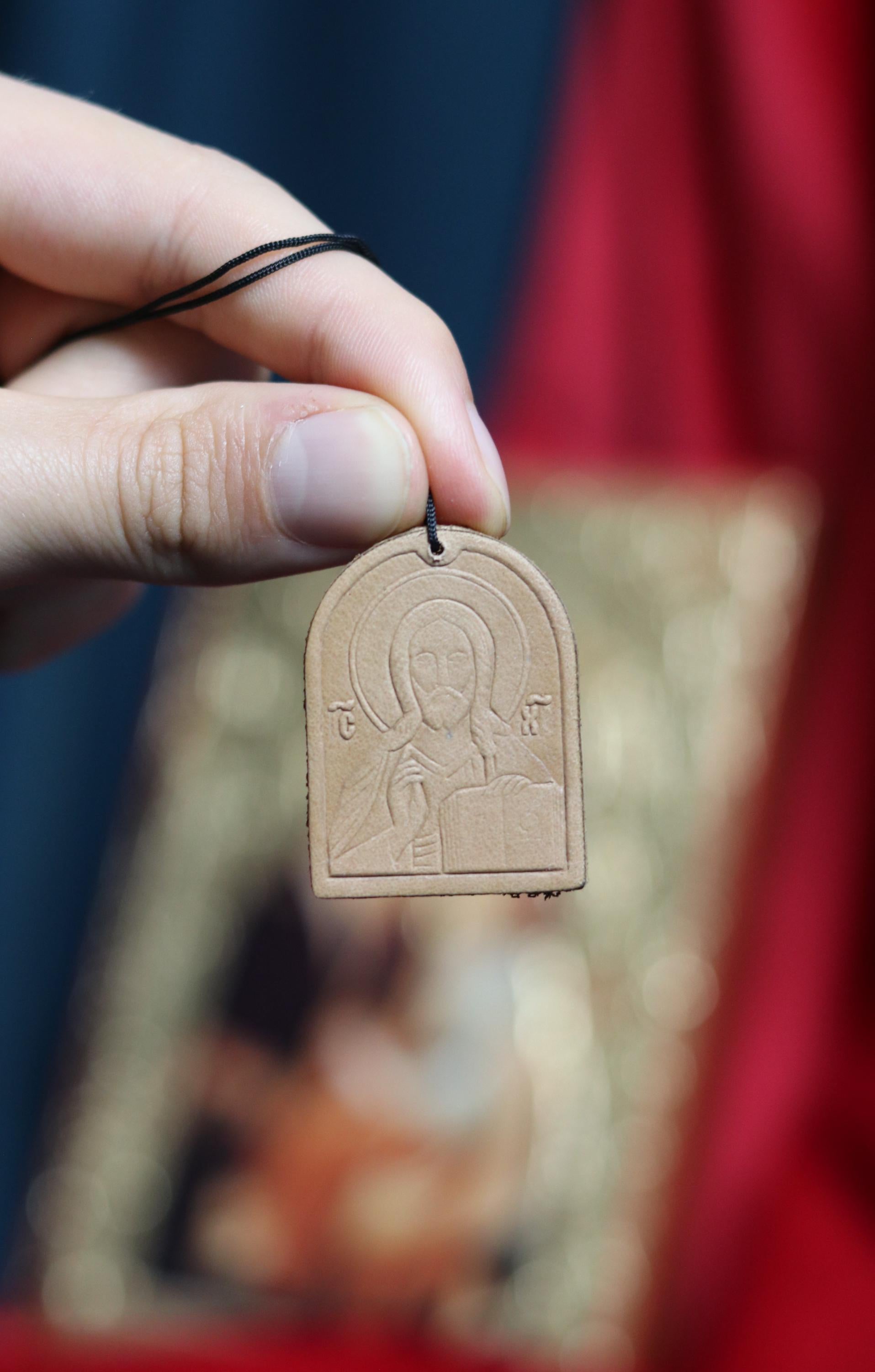 Orthodox leather Pendant Icon, Jesus Christ Blessing – Handmade Pocket Icon – Christian Gift – Small Travel Icon – Religious Amulet Necklace