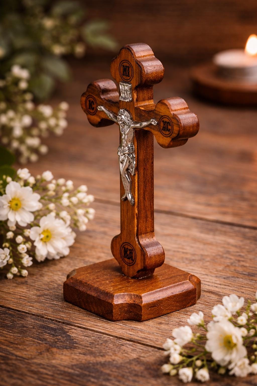 Wooden Cross with Stand 4.3x2.8 Inch, Orthodox Crucifix, Table Cross