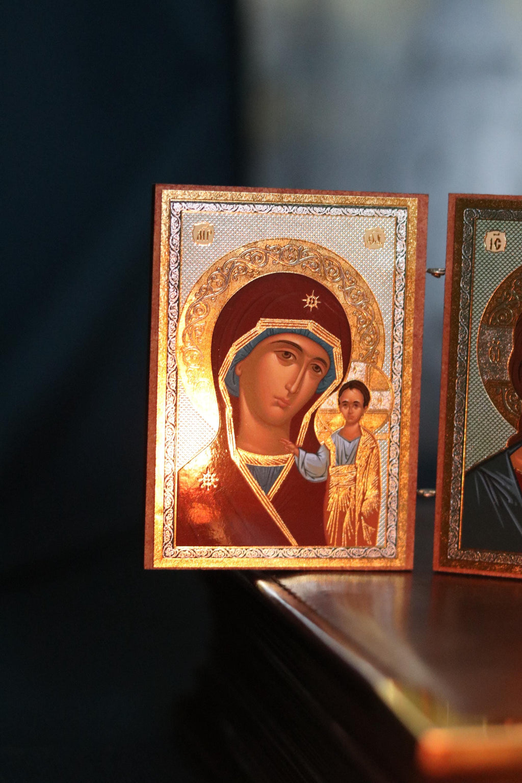 Wooden Orthodox Triptych Icon 3.5in, Virgin Mary Jesus And Saint Nicholas, Folding Travel Icon