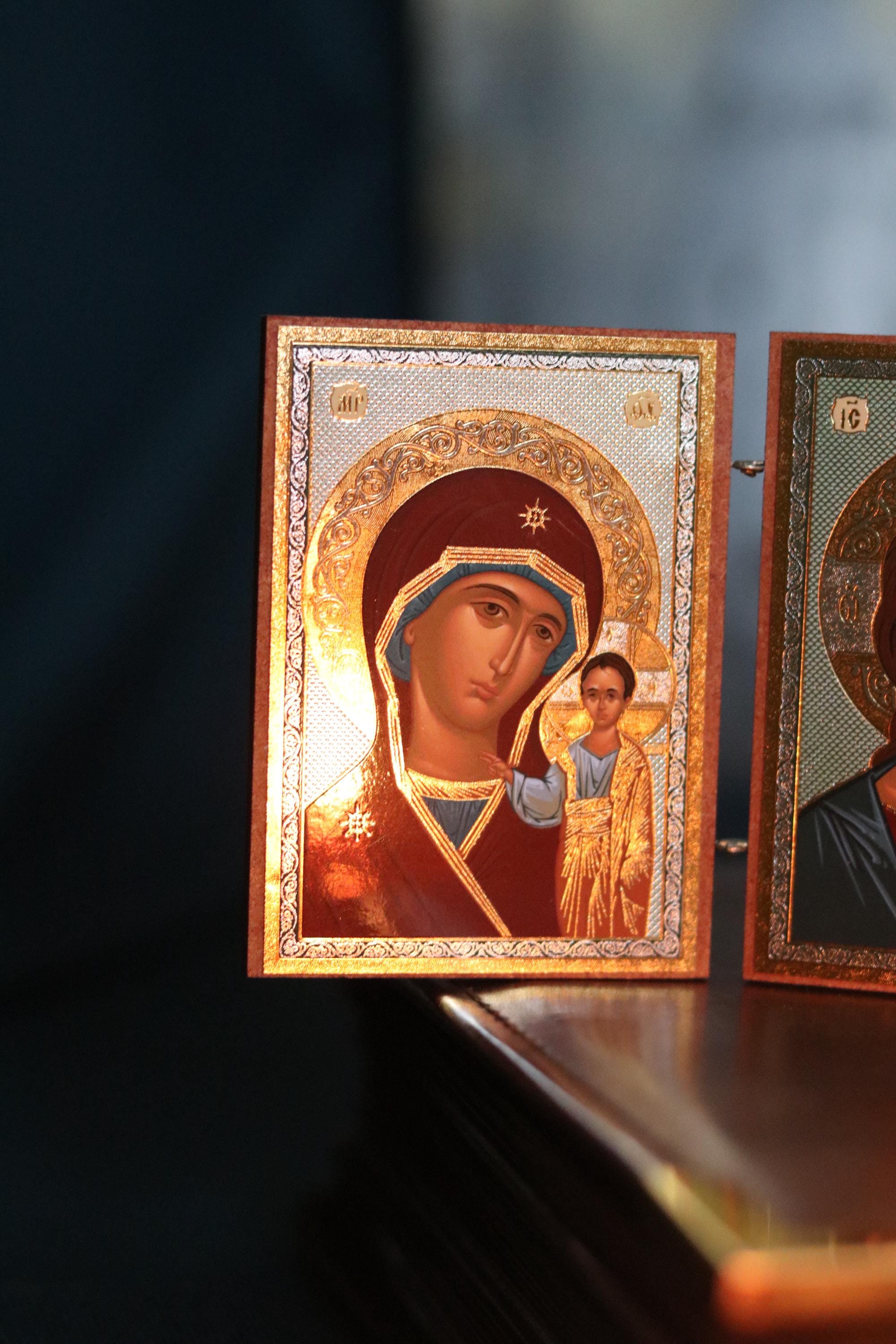 Wooden Orthodox Triptych Icon 3.5in, Virgin Mary Jesus And Saint Nicholas, Folding Travel Icon