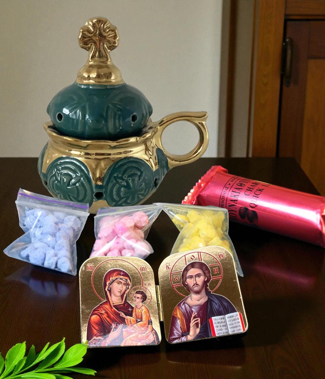 Christian incense set: green ceramic censer, triptych icon, 50 grams of Greek incense, 6 pcs. of coal.