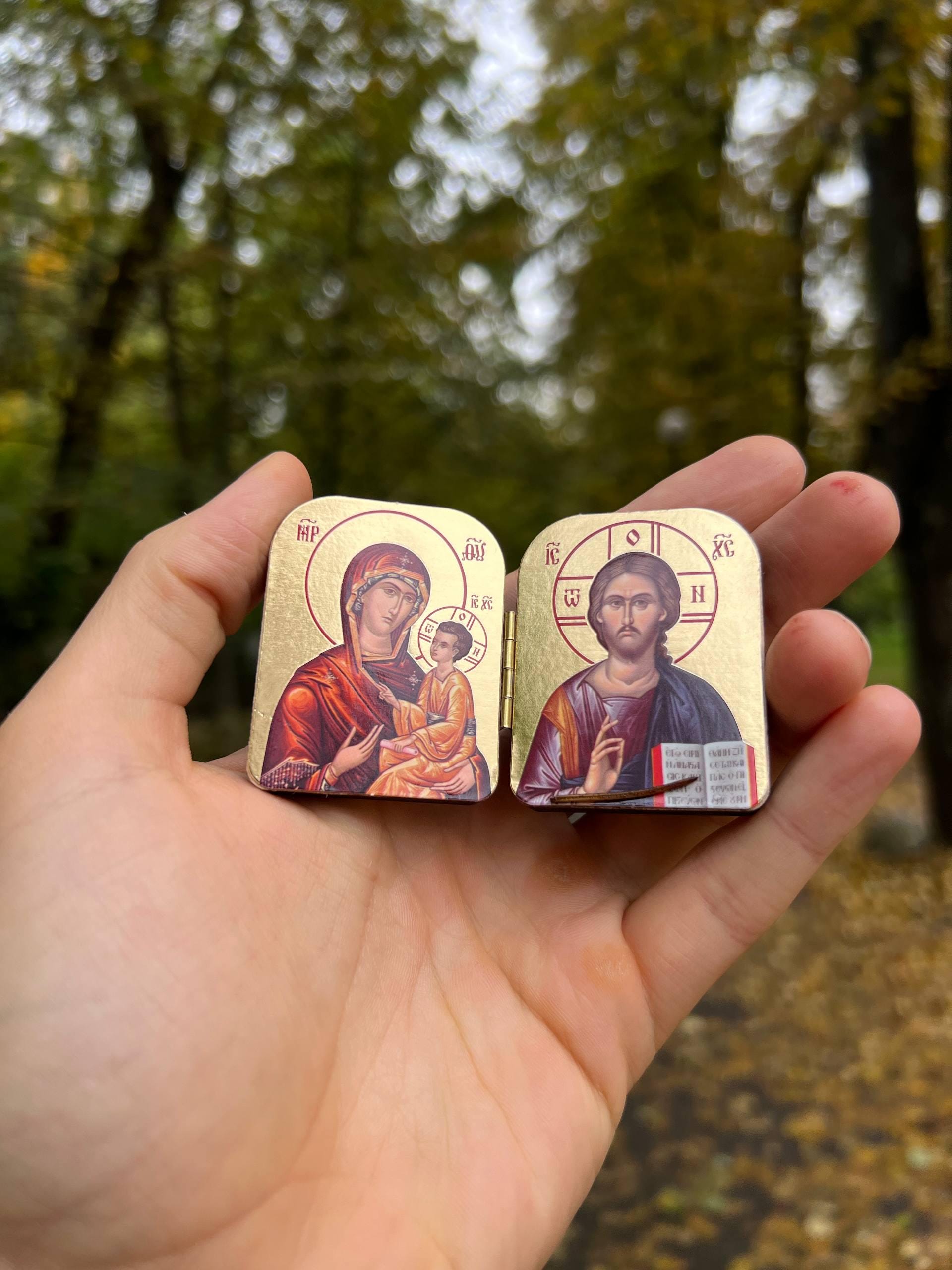 Wooden Orthodox Icon Diptych Virgin Mary Jesus Christ 1.8in Folding Icon