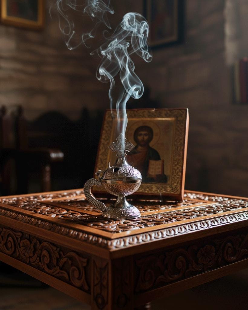Orthodox prayer set: metal censer, 50 grams of incense, 6 charcoal tablets.