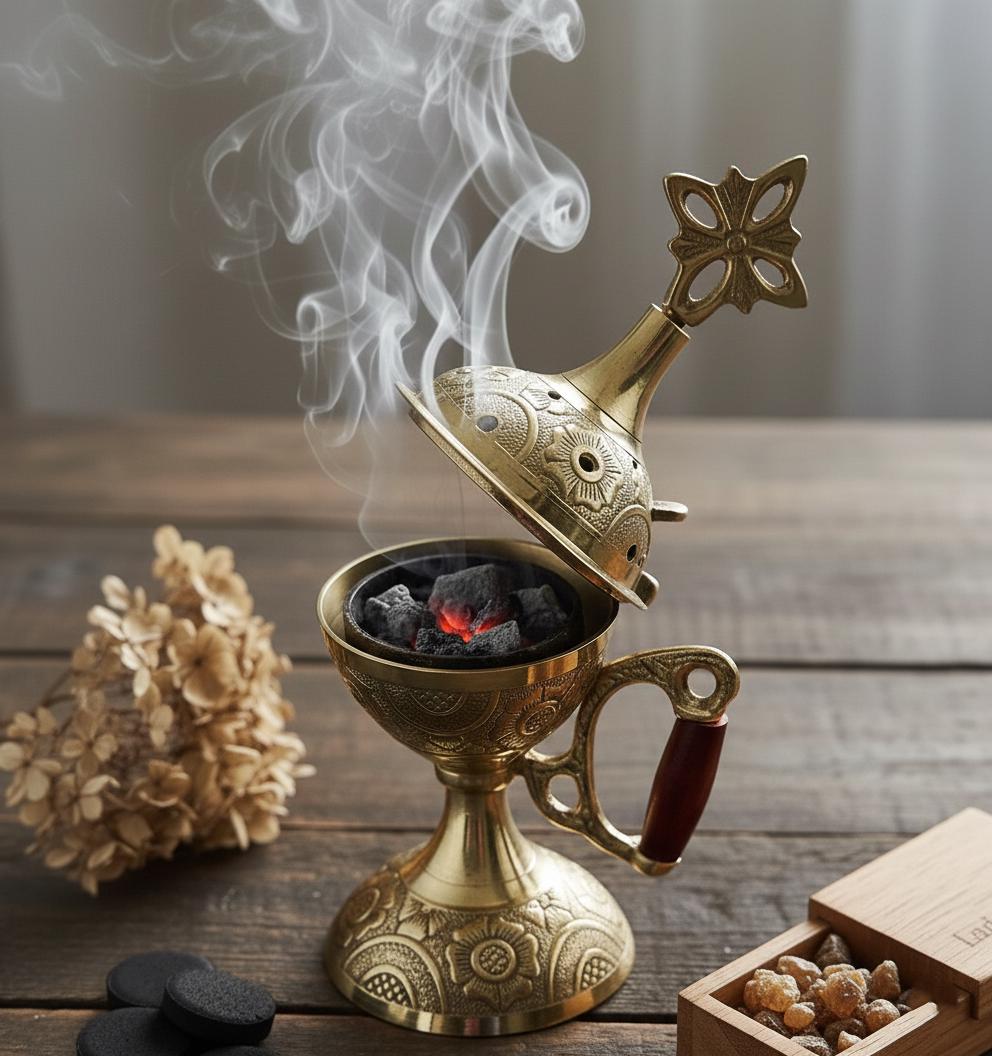 Metal Incense Burner 6.7in Set – Greek Censer with Embossed Design, 50g Greek Incense, 24mm Charcoal Tablets, Orthodox Prayer Kit