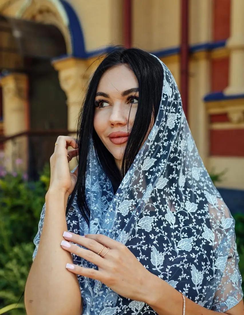 Blue Chiffon Women Scarf 61x20 Inch, Floral Lightweight Shawl, Elegant Summer Scarf