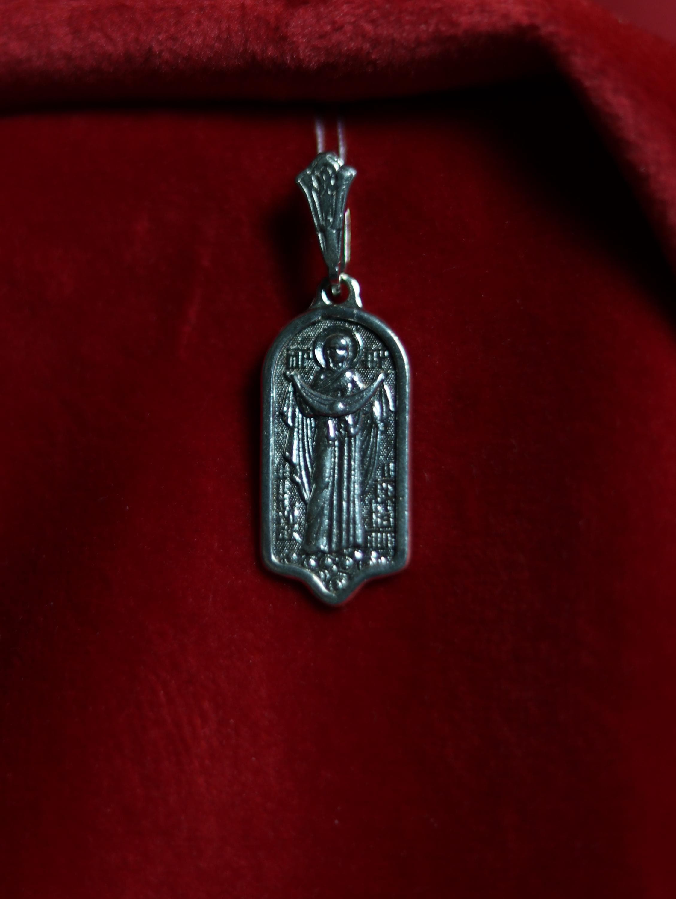 Sterling Silver 925 Orthodox Virgin Mary Pokrov Medal Pendant | 0.98×0.47 in | 3.55g | Blackened Christian Icon Jewelry, Greek orthodox