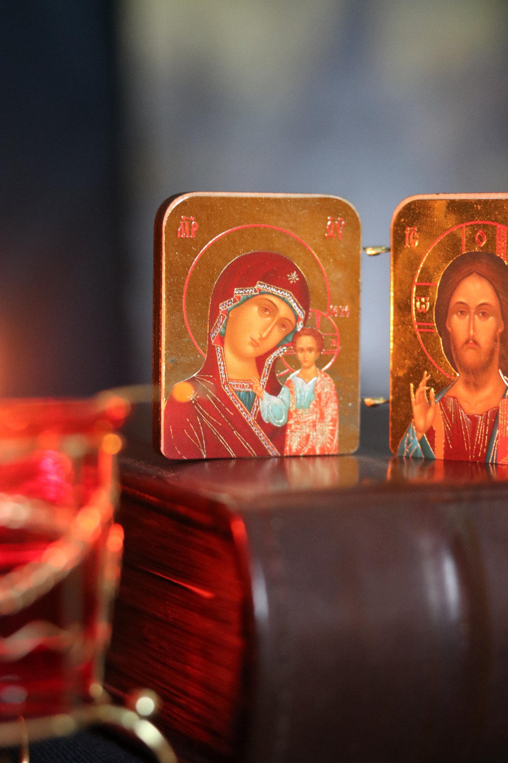 Diptych icon of Jesus Christ and the Mother of God, 2x1.6 in