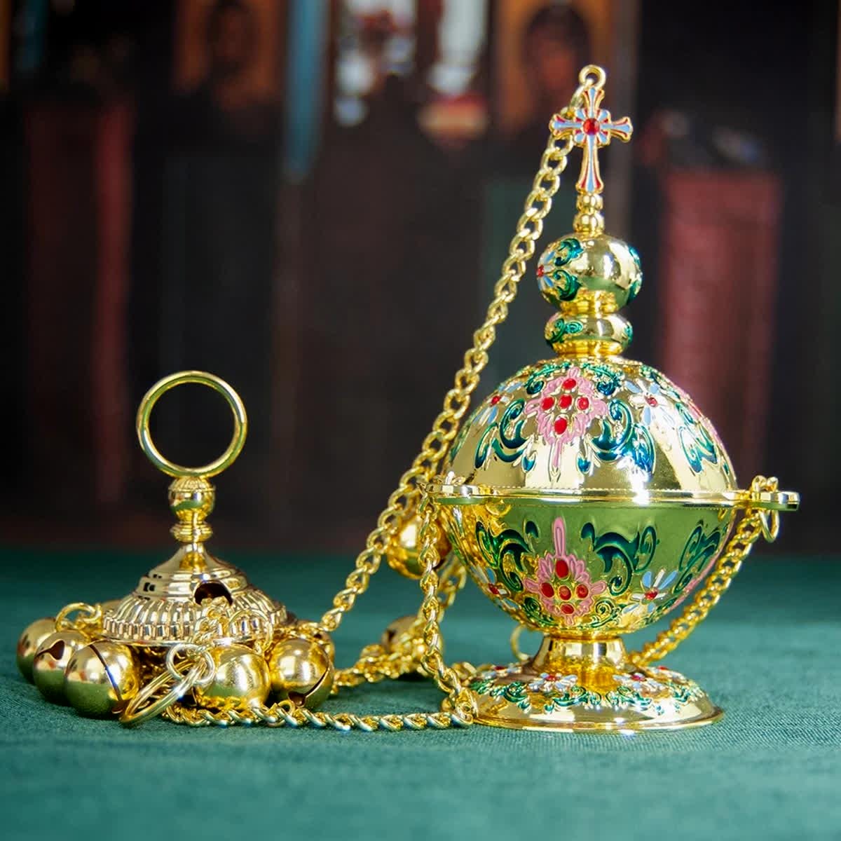 Orthodox Hanging Censer 25.2in | Brass Church Incense Burner with Bells | Enamel Design