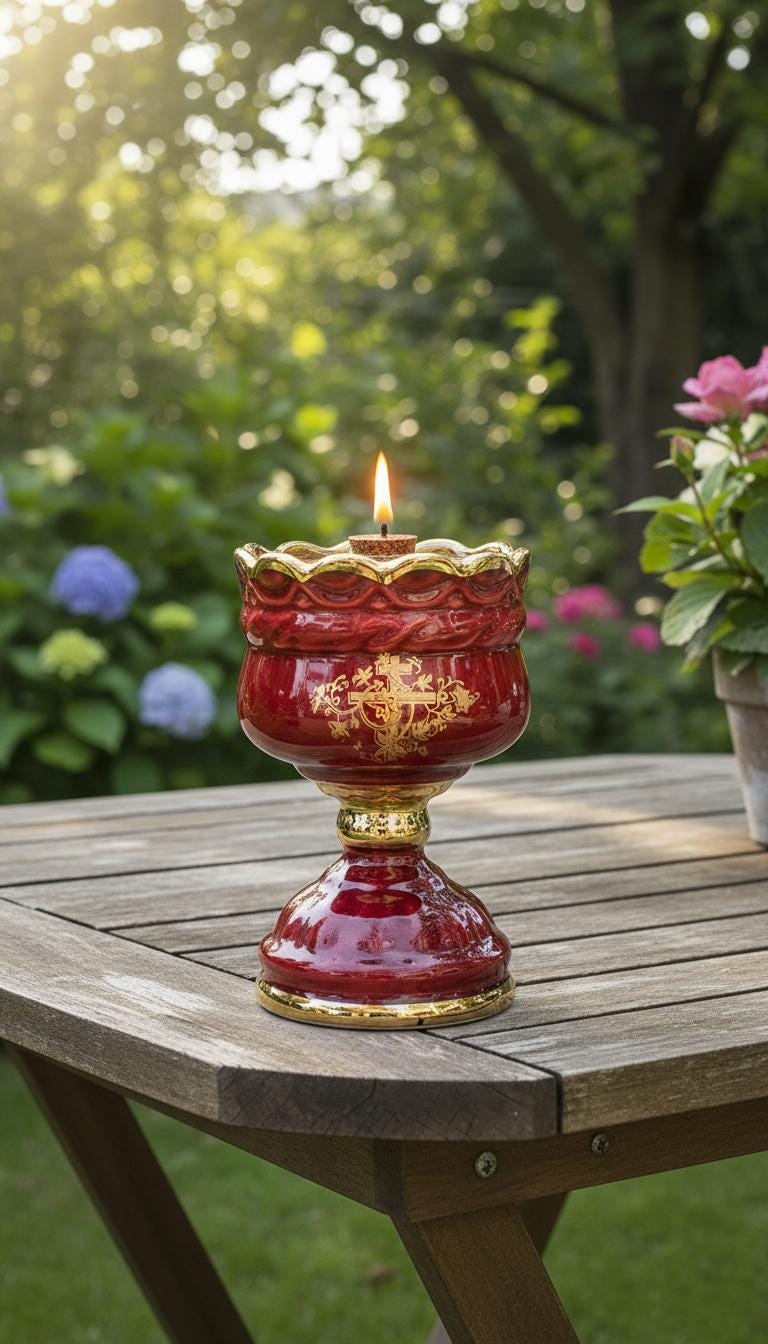 Christian Red Ceramic Table Oil Lamp 5.5in. Set Includes: Lamp, floating wick, wick holder