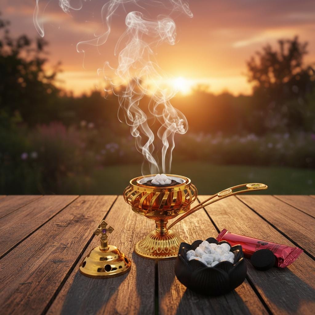 Orthodox Incense Burner Set: 5.5 inch Gold Metal Censer, 50g Frankincense, 6 Charcoal Tablets, Prayer Kit