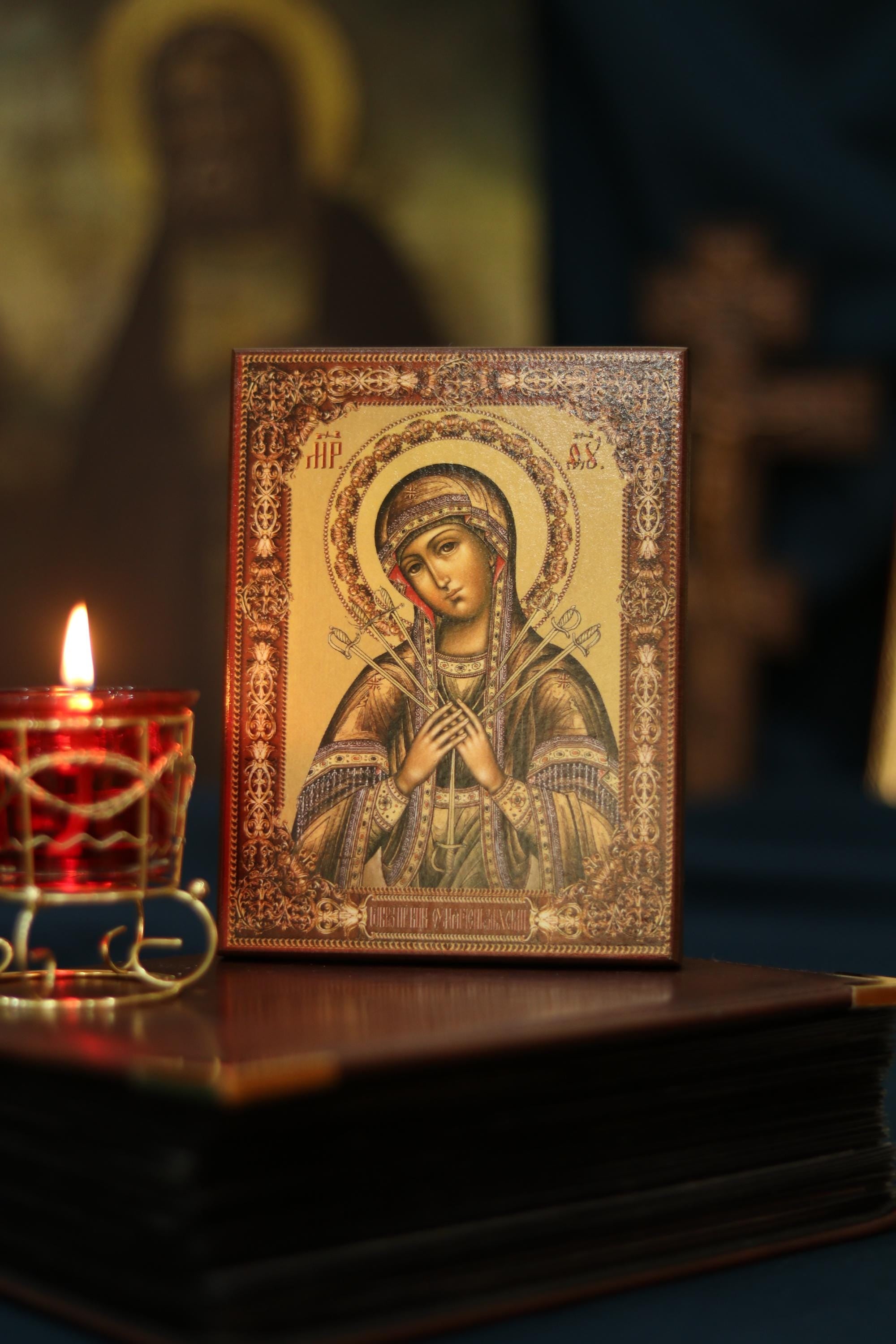 Orthodox Wooden Icon ., Seven Sorrows Mother of God Icon, Softener of Evil