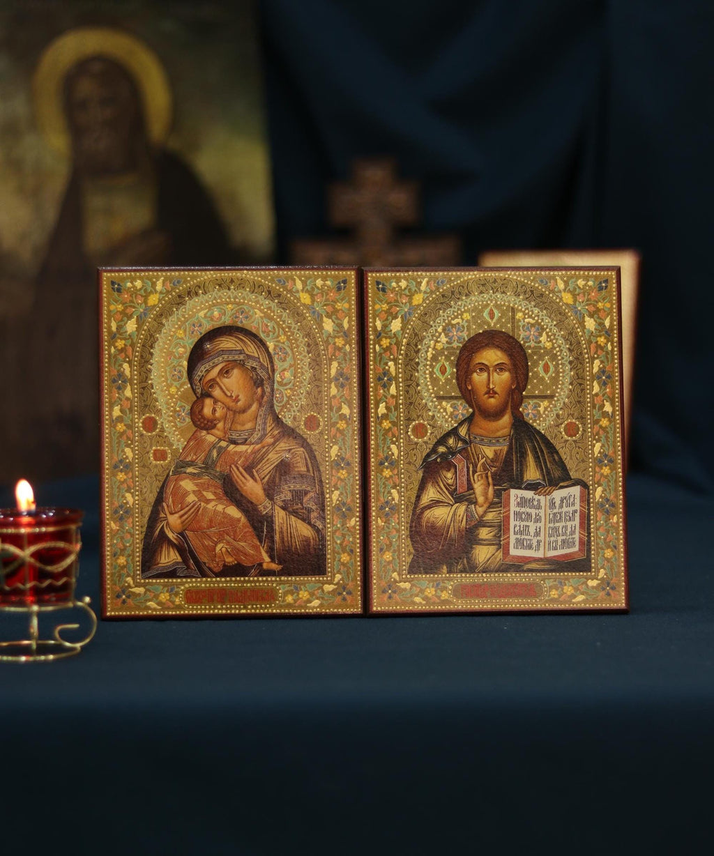 Orthodox Wedding Icon Pair Volodymyr Mary Jesus Pantocrator Wooden