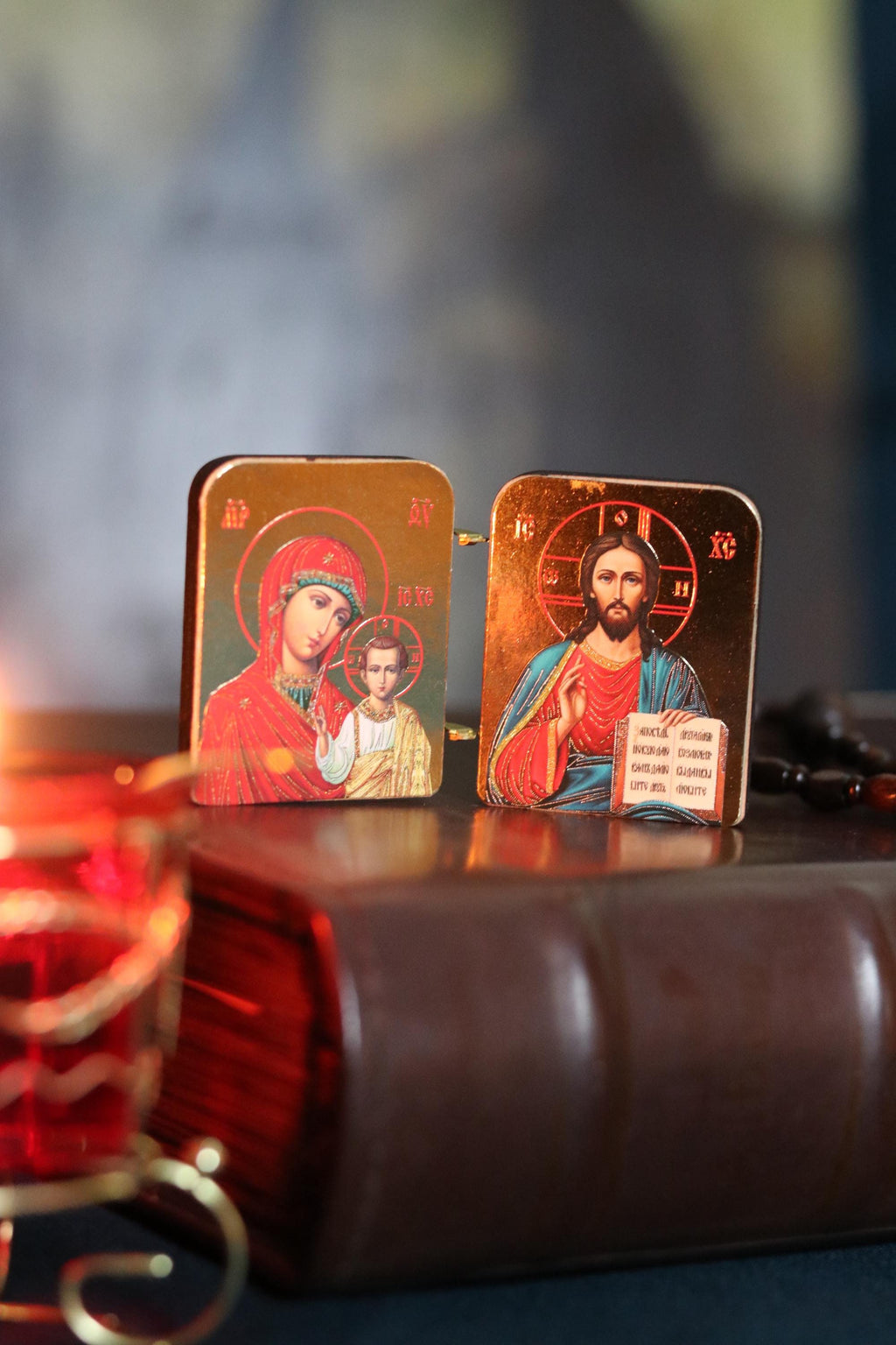 Diptych icon of Jesus Christ and the Mother of God, 2x1.6 in