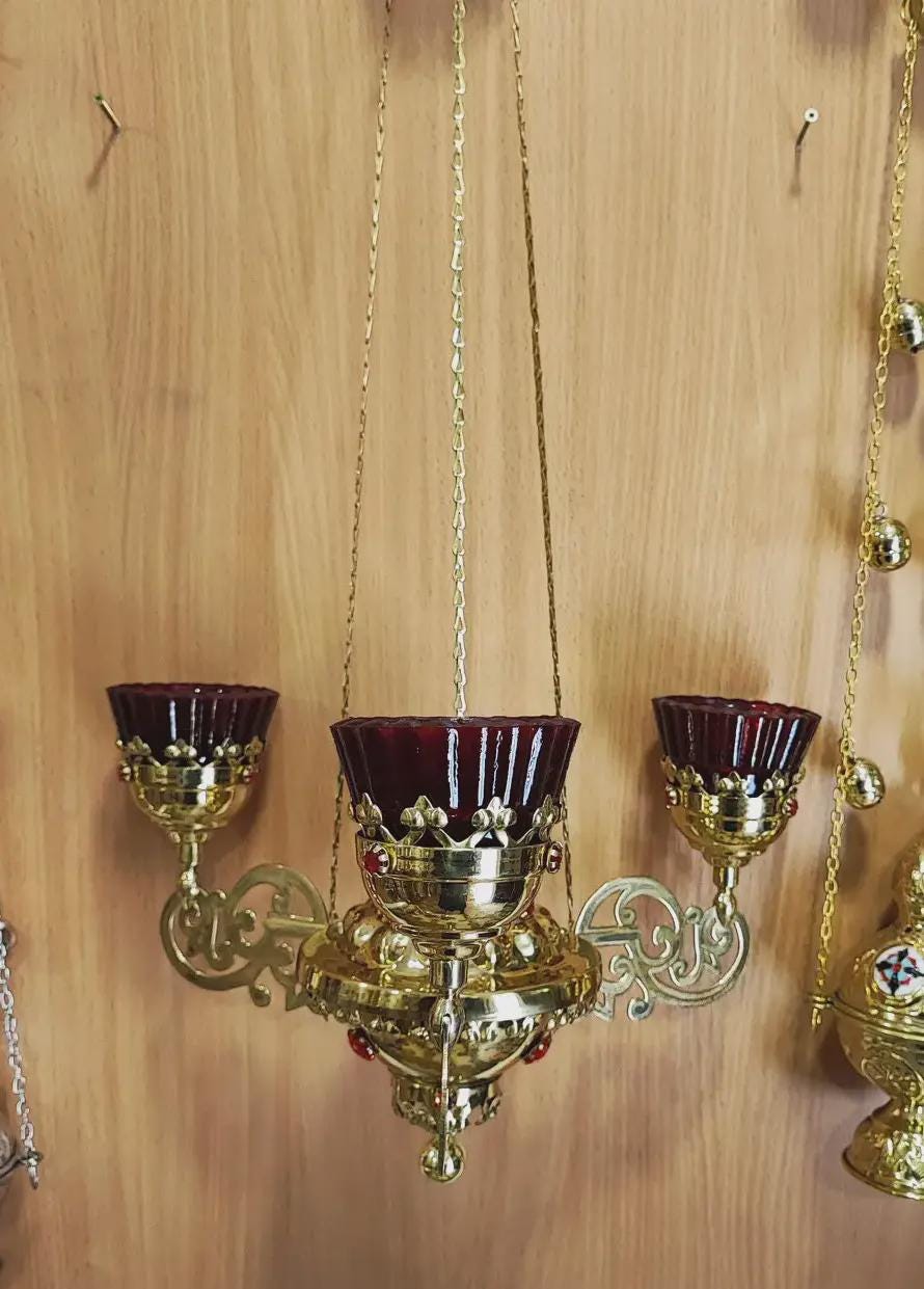Brass Four-Light Hanging Lampada, Orthodox Chandelier, Greek Church Lamp