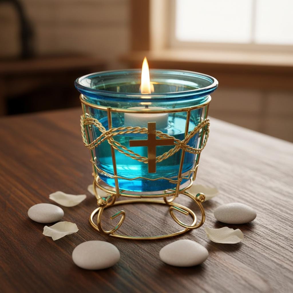 Blue Glass Oil Lamp in Metal Stand  – Orthodox Candle Holder for Prayer