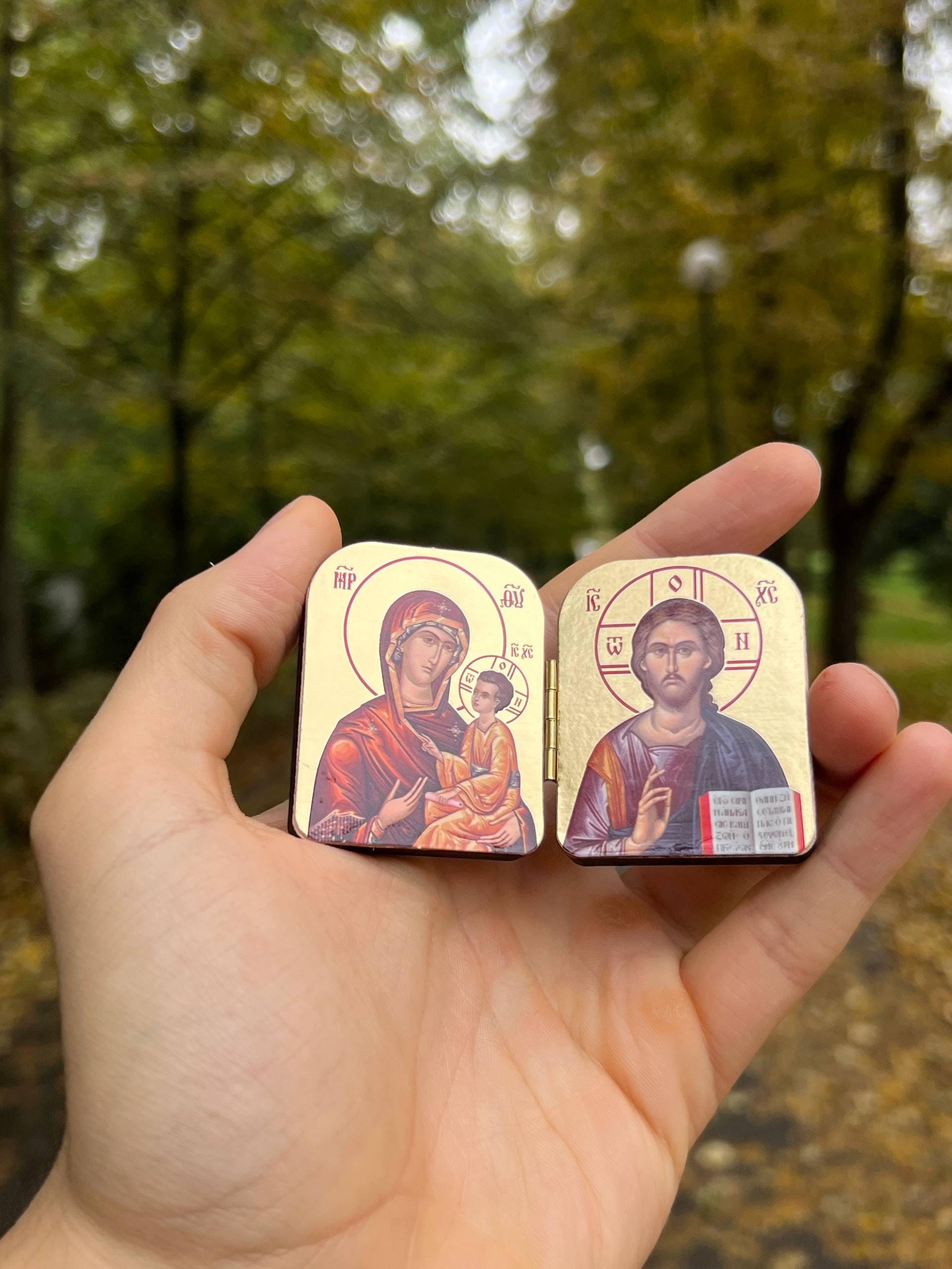 Wooden Orthodox Icon Diptych Virgin Mary Jesus Christ 1.8in Folding Icon