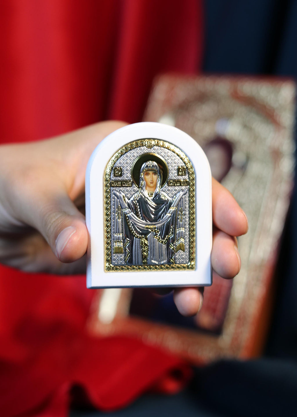 Orthodox Icon Virgin Mary Pokrov 2.36"x2.95" | Silver 925 Gold Gilded | Small Arch Religious Icon | Blessed in Church | Christian Gift