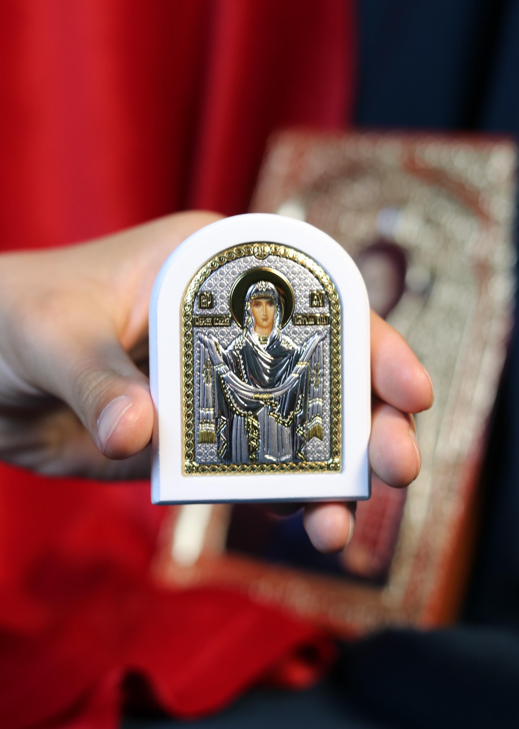 Orthodox Icon Virgin Mary Pokrov 2.36"x2.95" | Silver 925 Gold Gilded | Small Arch Religious Icon | Blessed in Church | Christian Gift