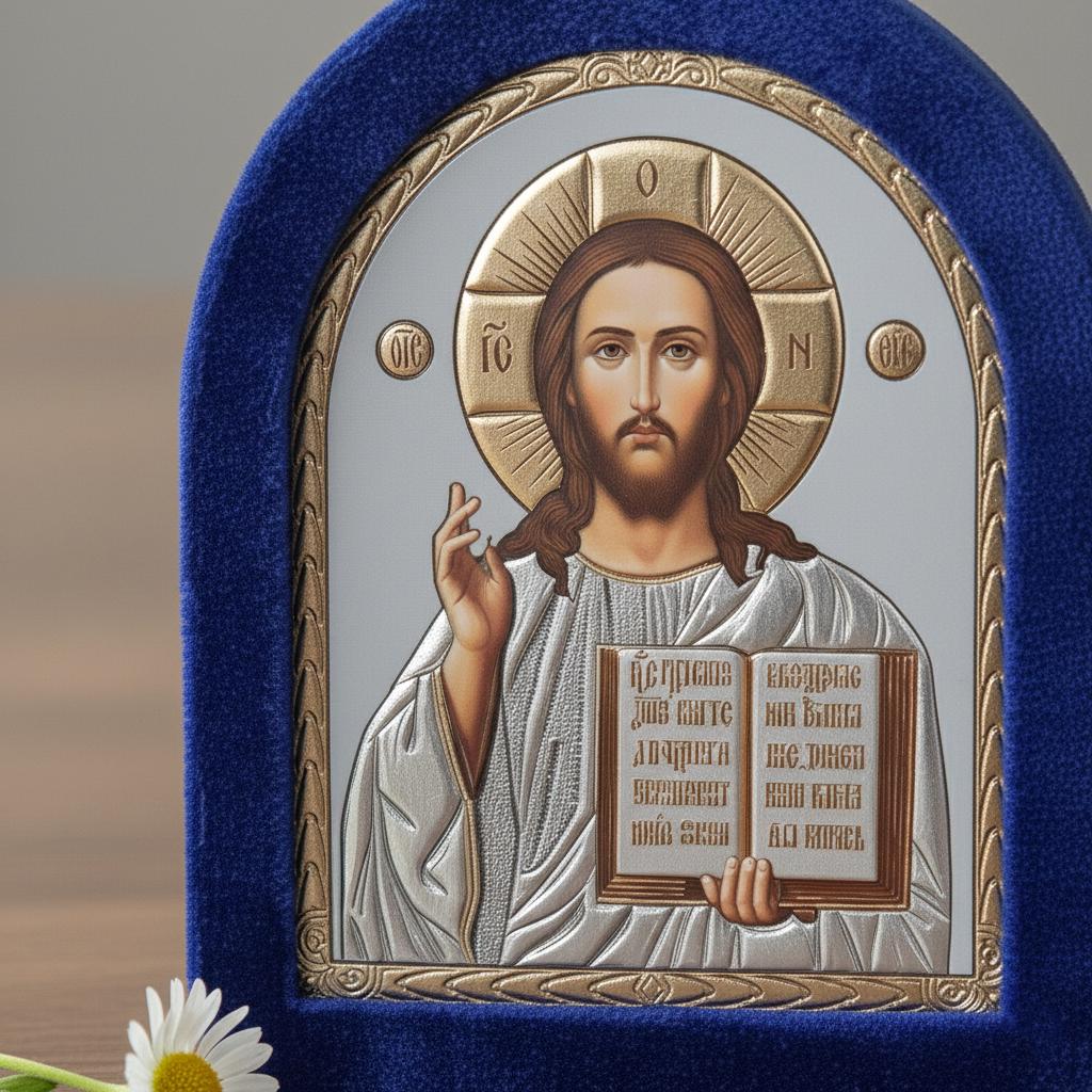Blue Velvet Orthodox Folding Icon 8.7x5.1 in, Virgin Mary and Jesus Christ Diptych, Home Altar Decor, Religious Gift
