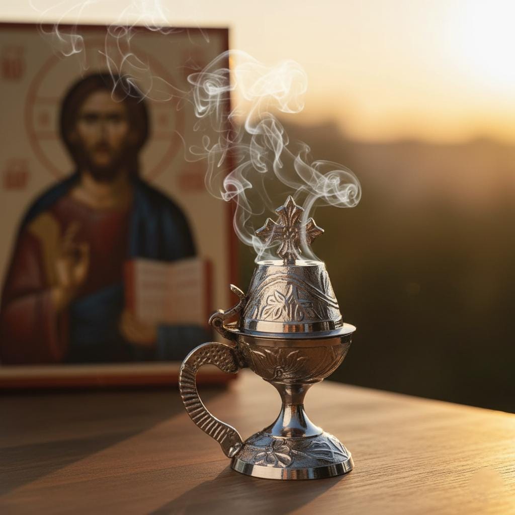 Orthodox Prayer Set: 5.5 in × 3.1 inch gold metal censer, 50 grams of incense, 6 charcoal tablets.