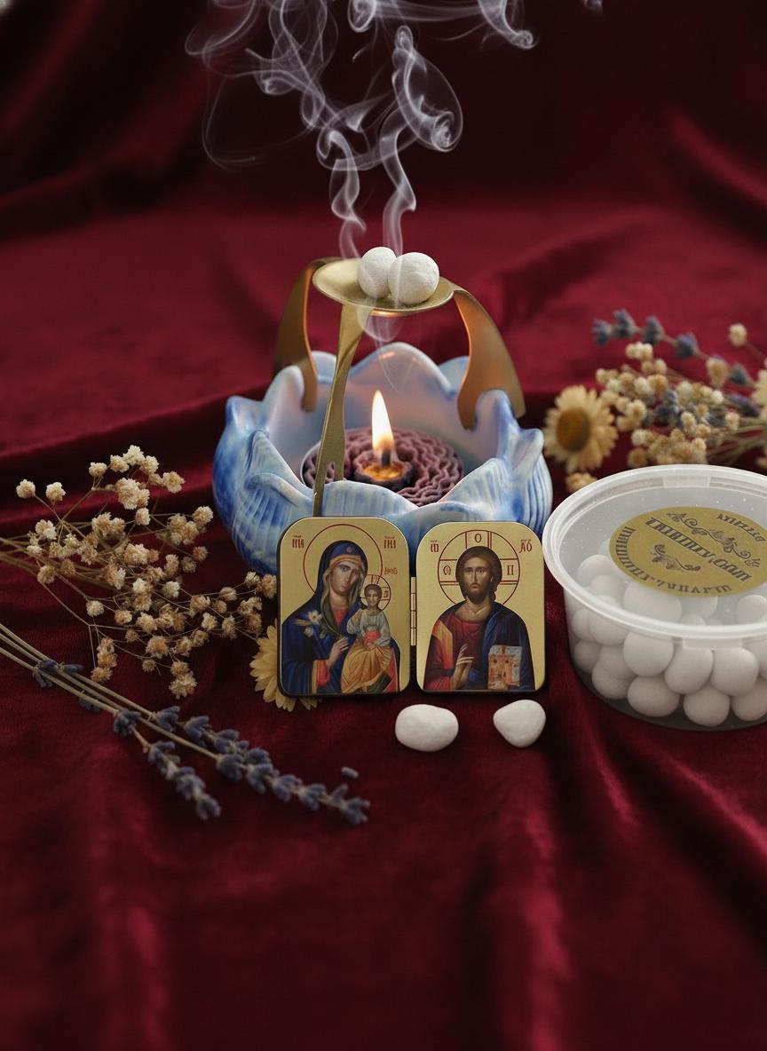 Christian Prayer Set, Blue Lotus Incense Burner with Candle, 50g Greek Incense, Folding icon 2x1.6in.