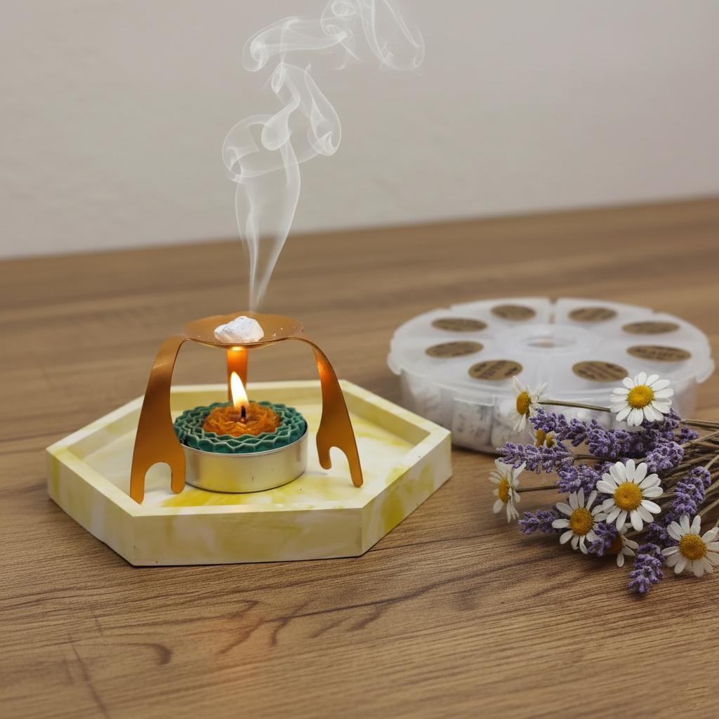 Orthodox Daily Prayer Set – 8 Types of Athonite Incense, Decorative Plaster Tray 4", Wax Candle, and Metal Spider Stand