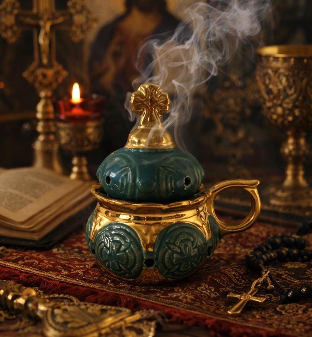 Orthodox Church Ceramic Incense Burner 4.3 in, Green Gilded Censer