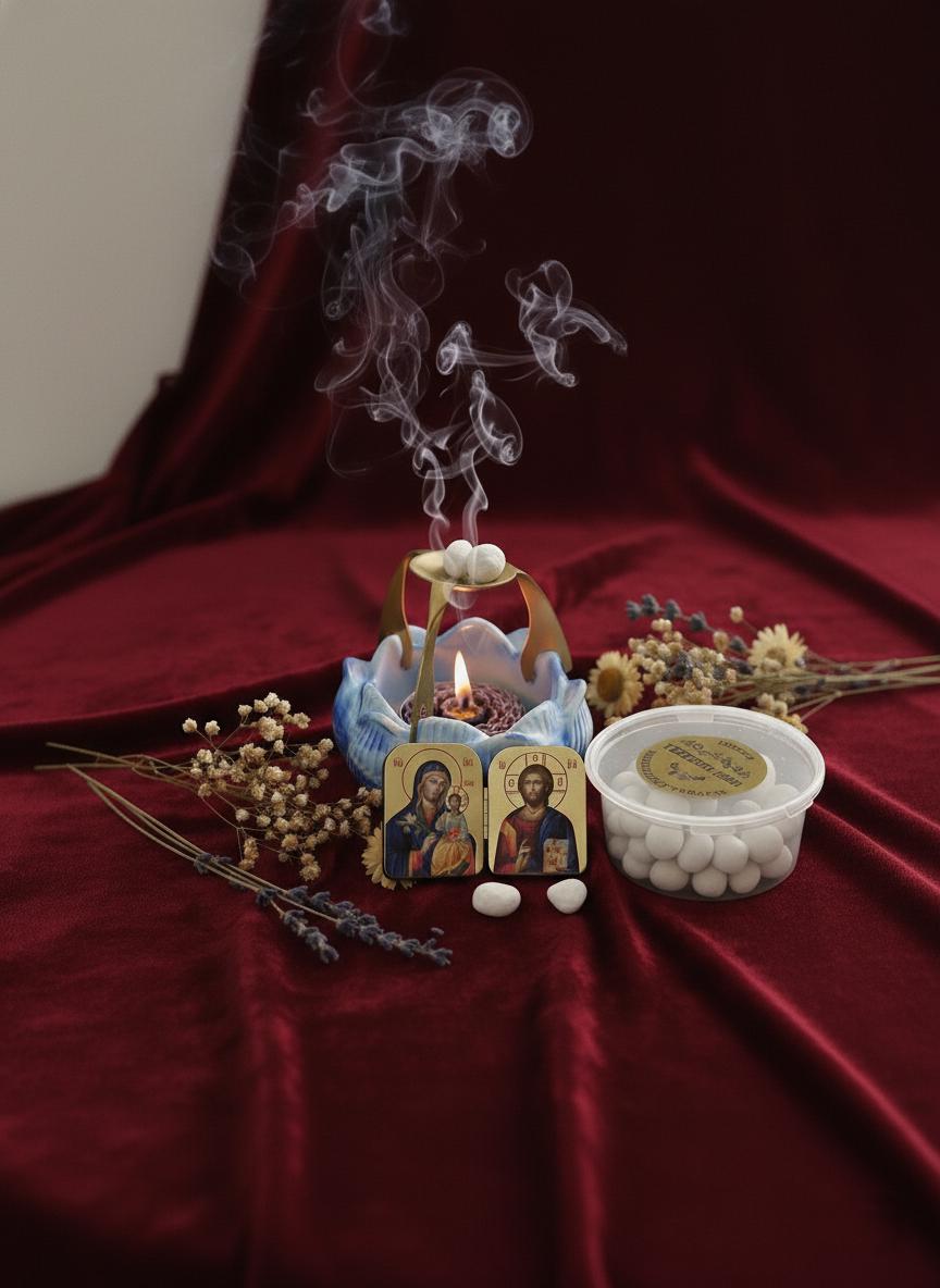 Christian Prayer Set, Blue Lotus Incense Burner with Candle, 50g Greek Incense, Folding icon 2x1.6in.