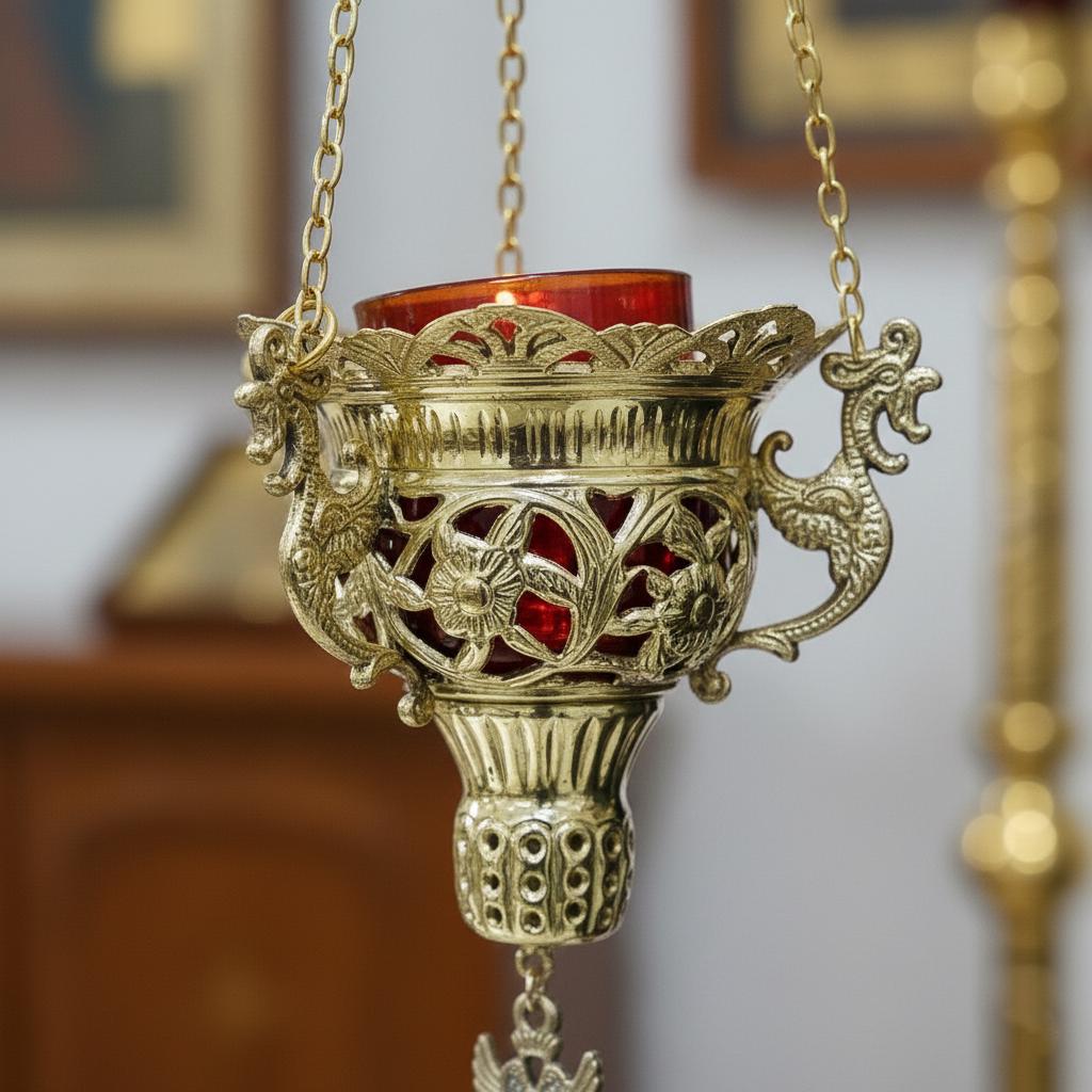 Hanging Vigil Lamp 7.3x4.9 in,, Greek Orthodox Lampada with 16.7 in Chain
