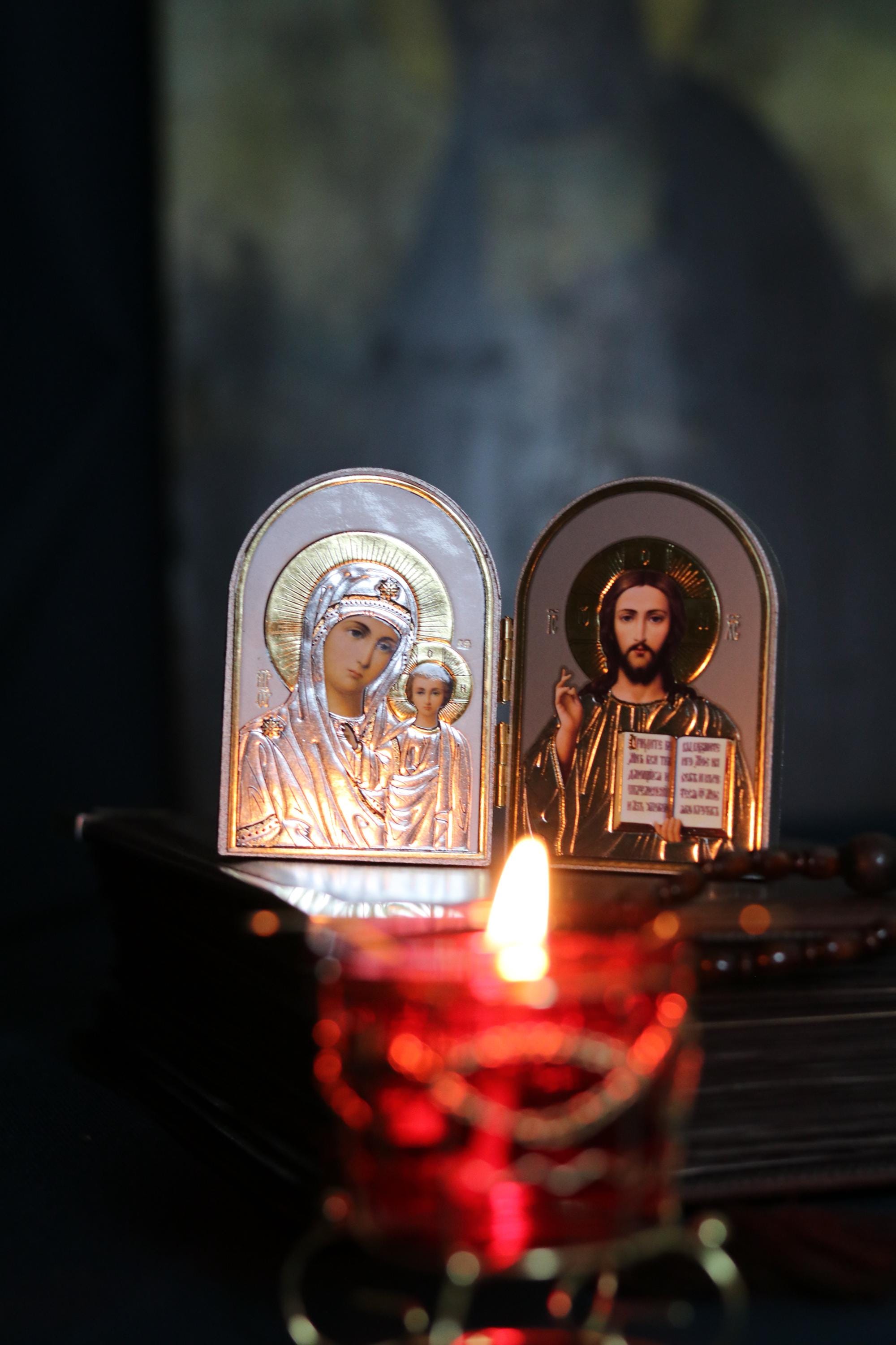 Wooden Orthodox Folding Icon 3.1in, Travel Diptych, Virgin Mary And Jesus Christ, Pocket Icon